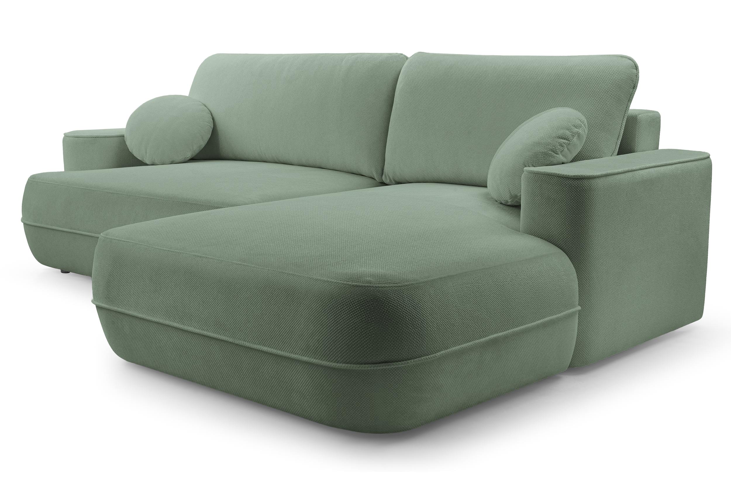 Ecksofa mit Schlaffunktion Fuerro, L-förmig, rechtsseitig, mit Stauraum, salbeigrün, geflochten, wasserabweisend
