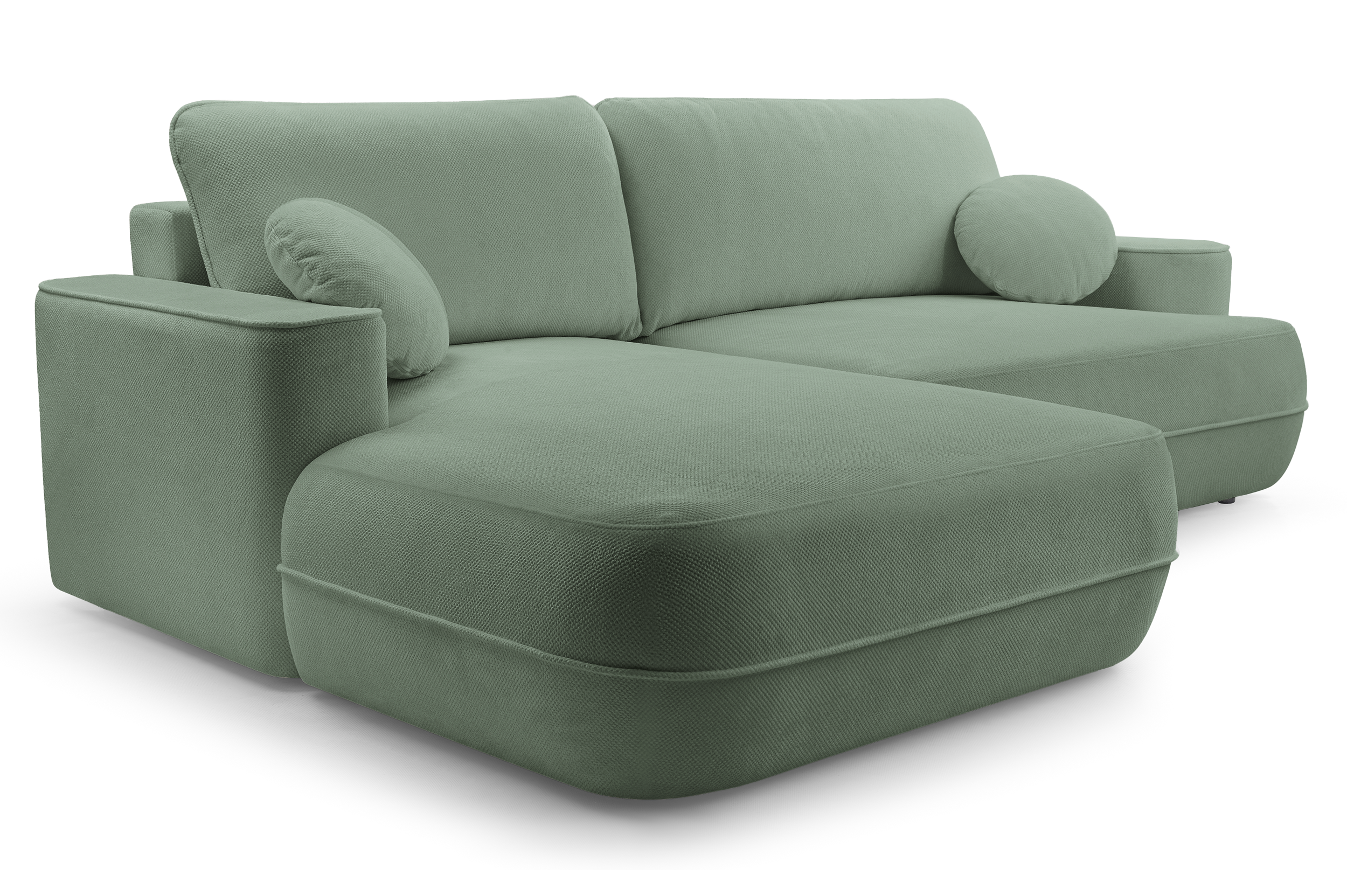 Ecksofa mit Schlaffunktion Fuerro, L-förmig, linksseitig, mit Stauraum, salbeigrüner Flechtstoff, wasserabweisend