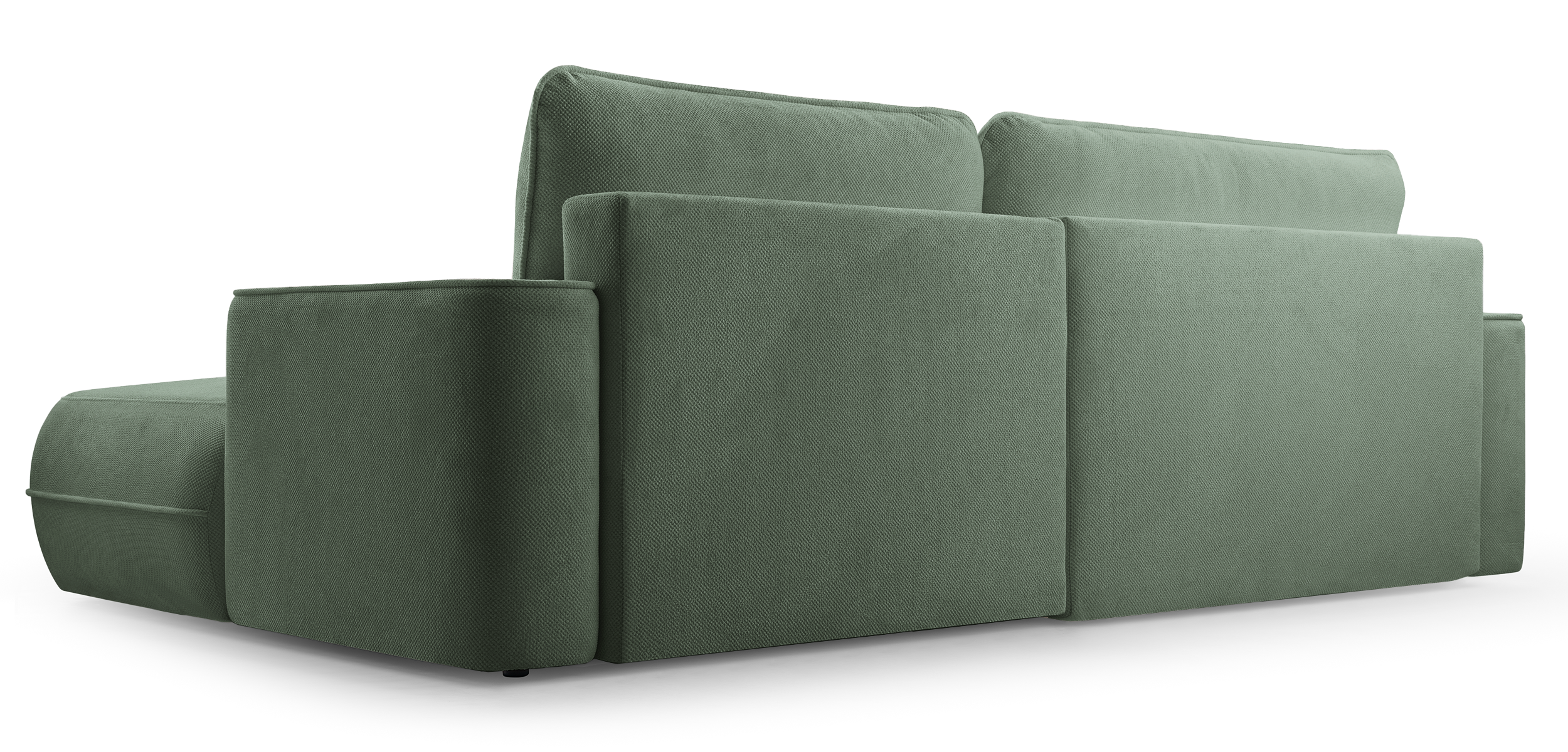 Ecksofa mit Schlaffunktion Fuerro, L-förmig, rechtsseitig, mit Stauraum, salbeigrün, geflochten, wasserabweisend