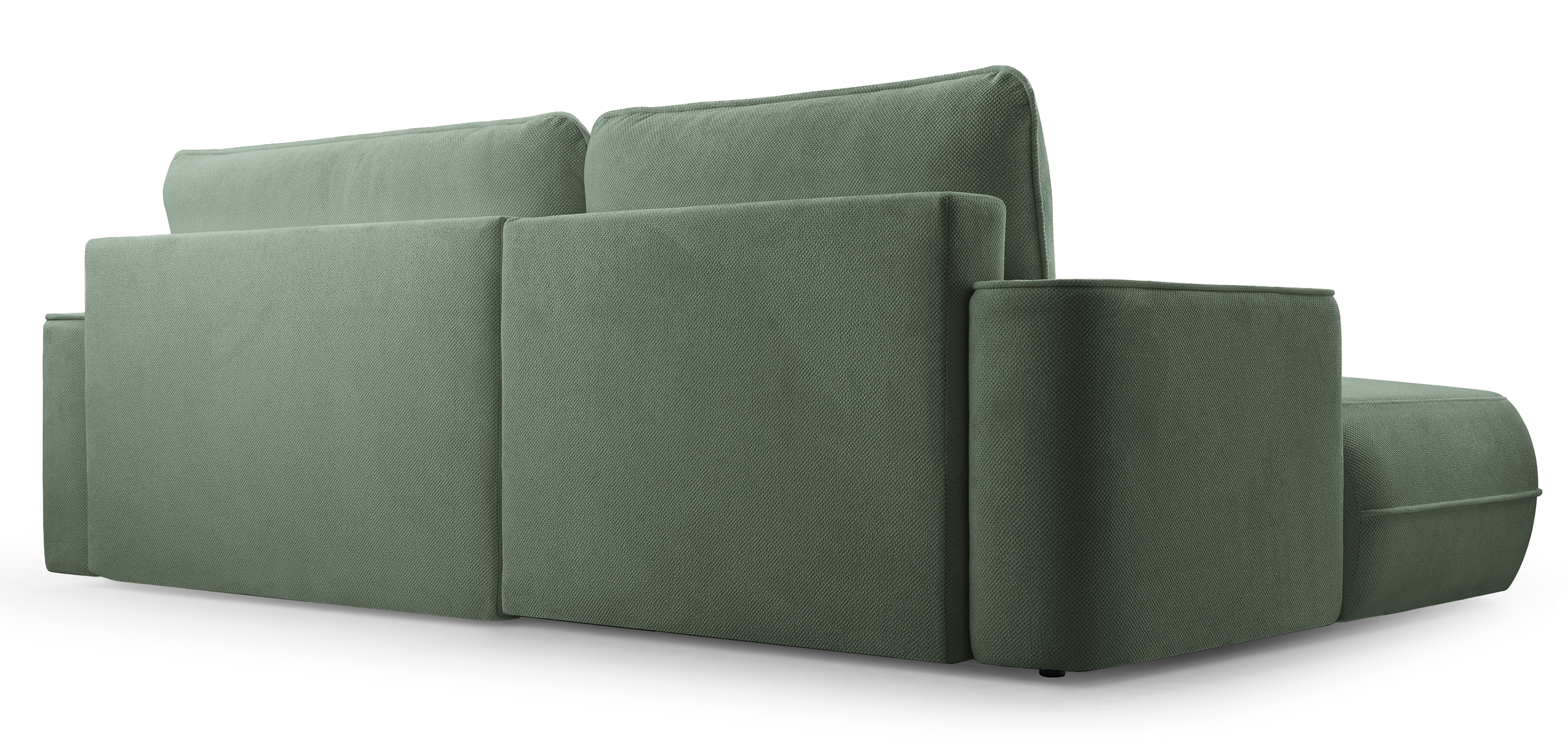 Ecksofa mit Schlaffunktion Fuerro, L-förmig, linksseitig, mit Stauraum, salbeigrüner Flechtstoff, wasserabweisend