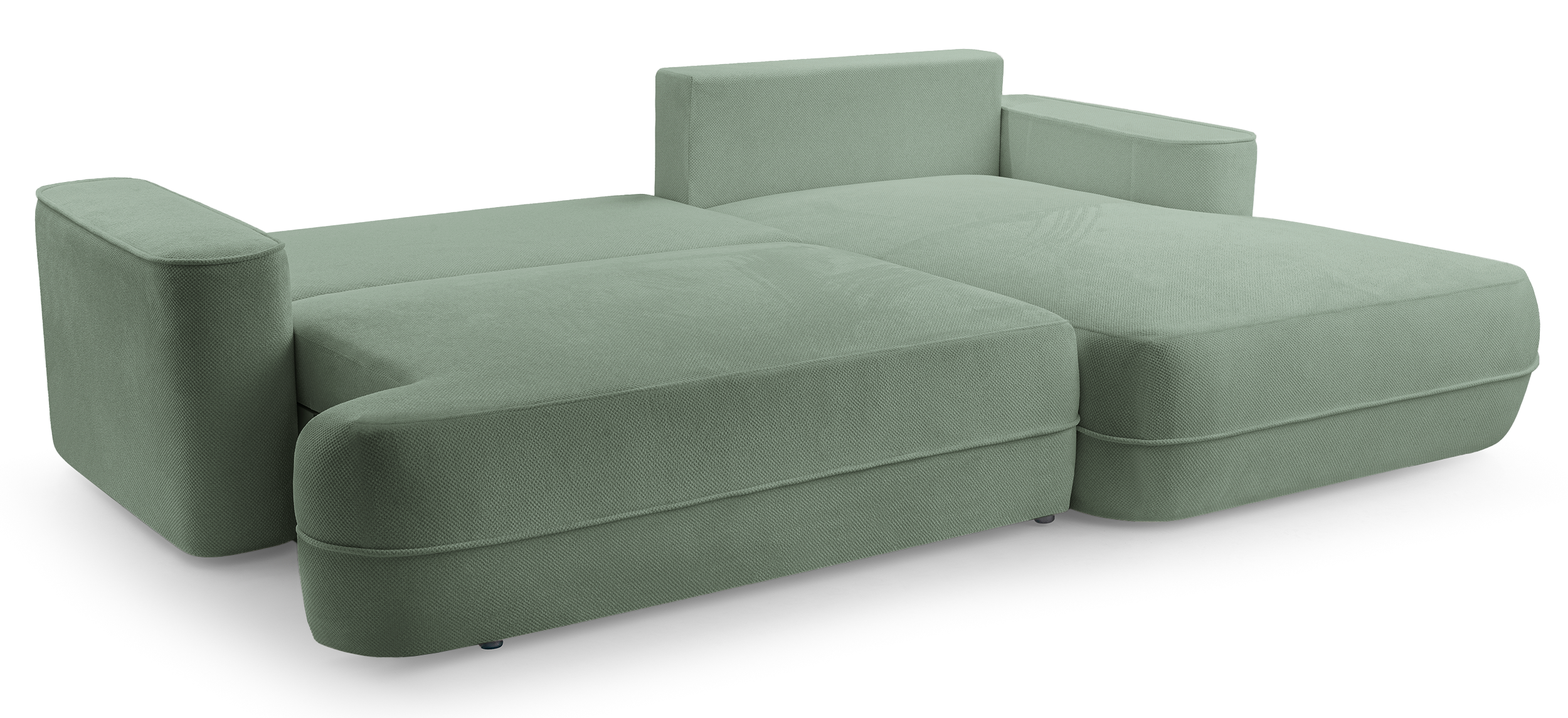 Ecksofa mit Schlaffunktion Fuerro, L-förmig, rechtsseitig, mit Stauraum, salbeigrün, geflochten, wasserabweisend