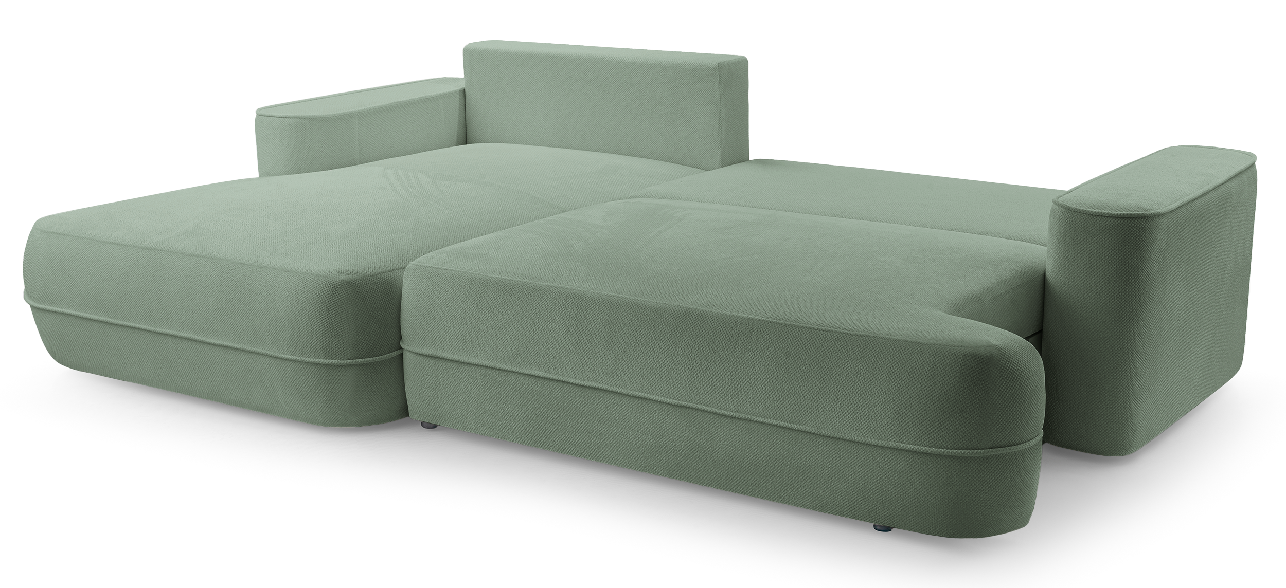 Ecksofa mit Schlaffunktion Fuerro, L-förmig, linksseitig, mit Stauraum, salbeigrüner Flechtstoff, wasserabweisend