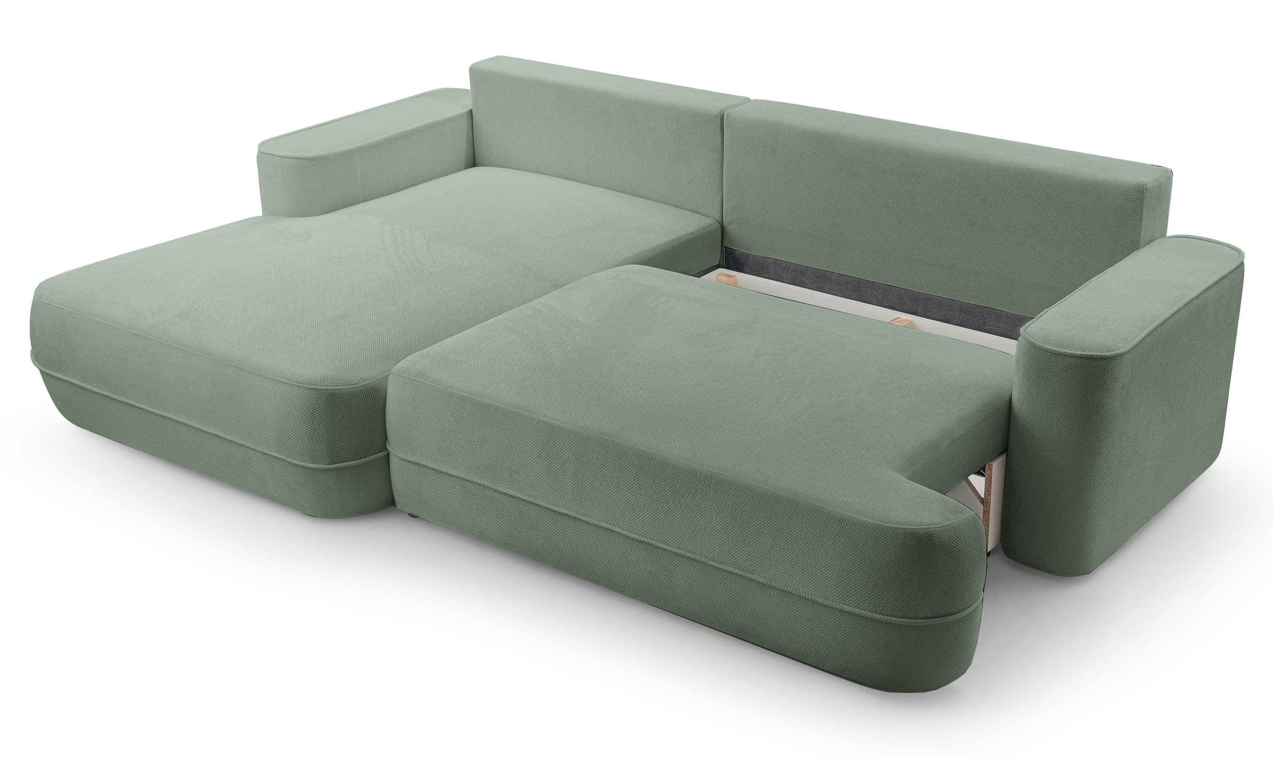 Ecksofa mit Schlaffunktion Fuerro, L-förmig, linksseitig, mit Stauraum, salbeigrüner Flechtstoff, wasserabweisend