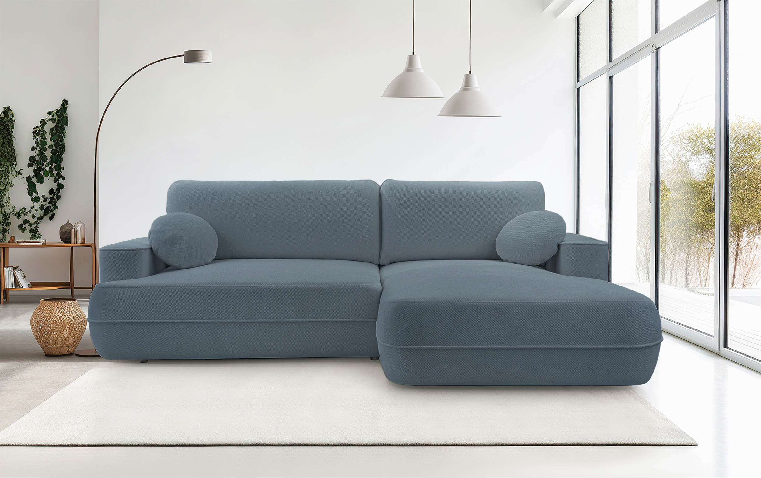 Ecksofa mit Schlaffunktion Fuerro, L-förmig, rechtsseitig, mit Stauraum, hellblau, gewebt, wasserabweisend