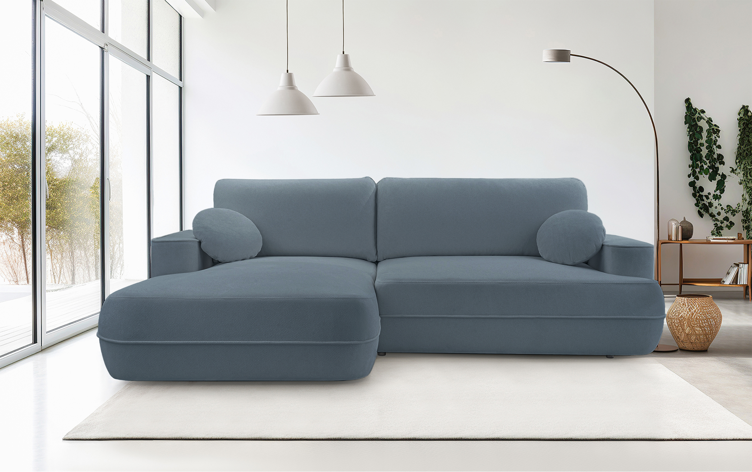 Ecksofa mit Schlaffunktion Fuerro, L-förmig, linksseitig, mit Stauraum, hellblau, geflochten, wasserabweisend