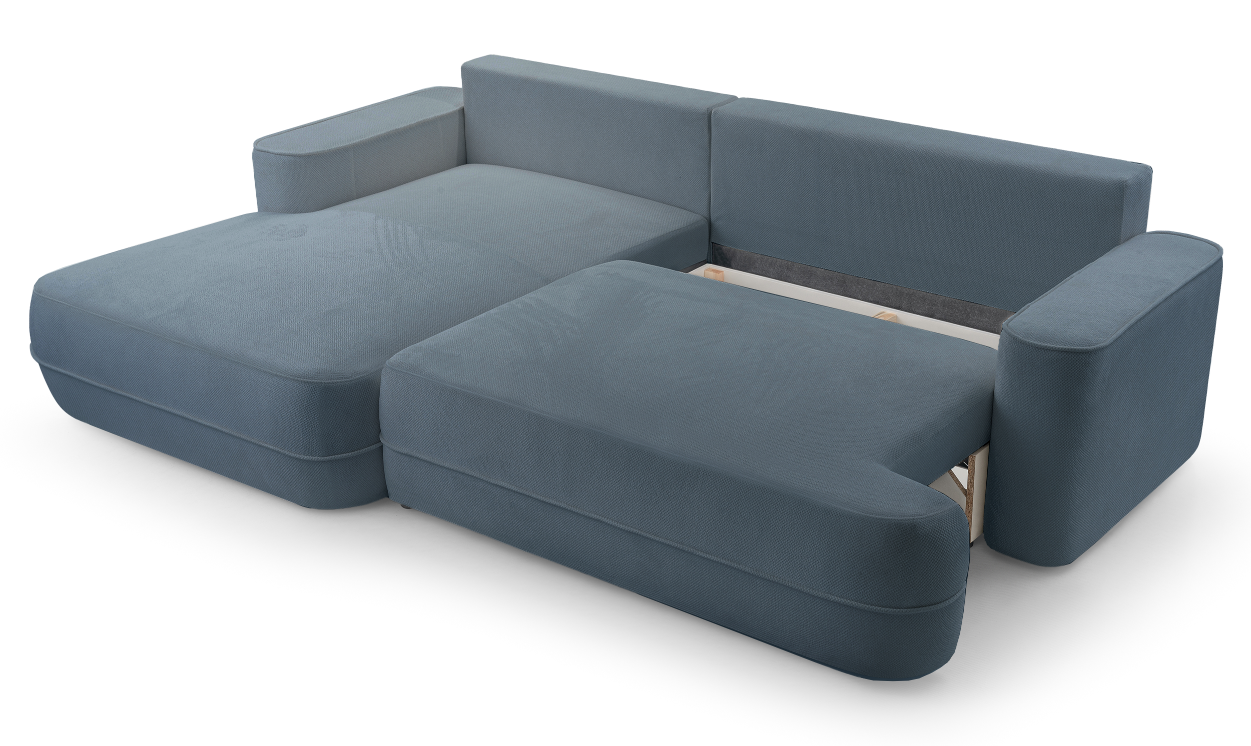 Ecksofa mit Schlaffunktion Fuerro, L-förmig, linksseitig, mit Stauraum, hellblau, geflochten, wasserabweisend