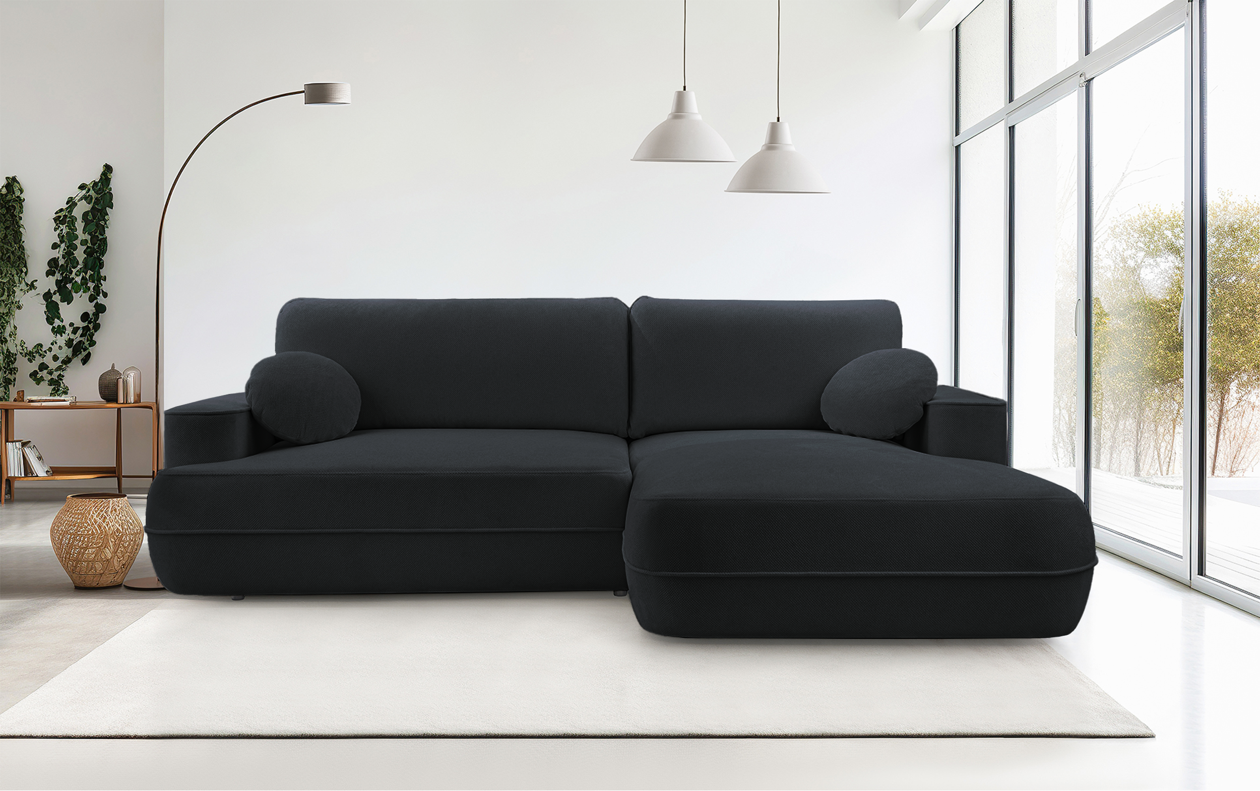 Ecksofa mit Schlaffunktion Fuerro, L-förmig, rechtsseitig, mit Stauraum, schwarz, wasserabweisendes Geflecht
