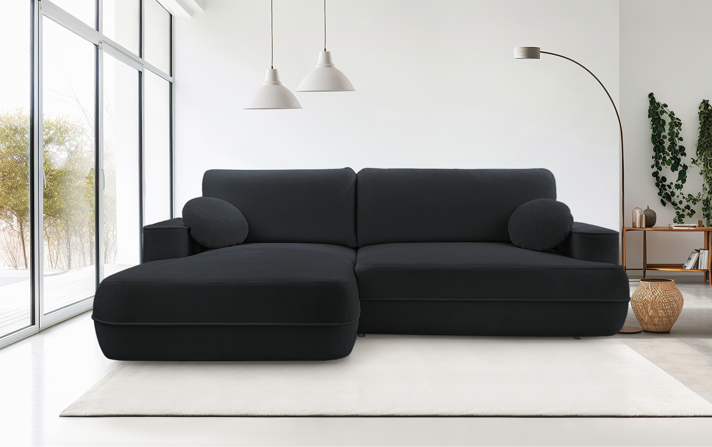 Ecksofa mit Schlaffunktion Fuerro, L-förmig, linksseitig, mit Stauraum, schwarz, wasserabweisendes Geflecht