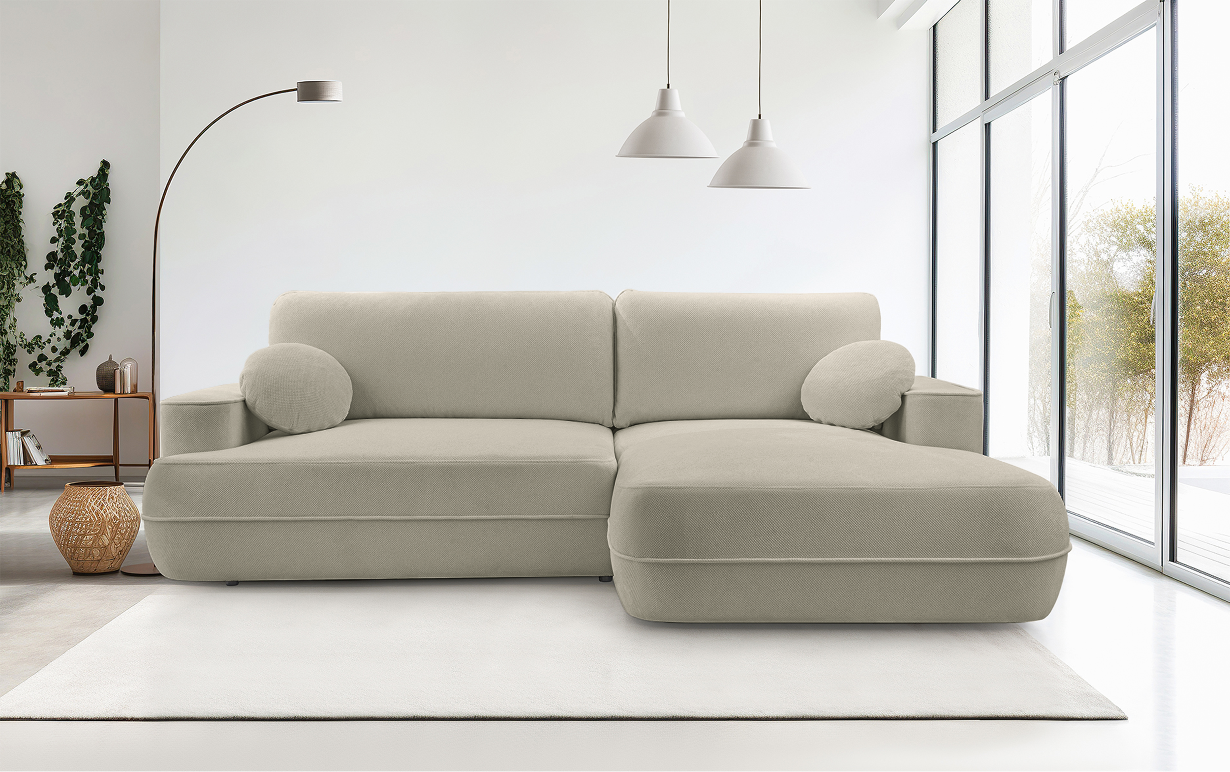 Ecksofa mit Schlafunktion Fuerro, L-förmig, rechtsseitig, mit Stauraum, hellbraun, geflochten, wasserabweisend