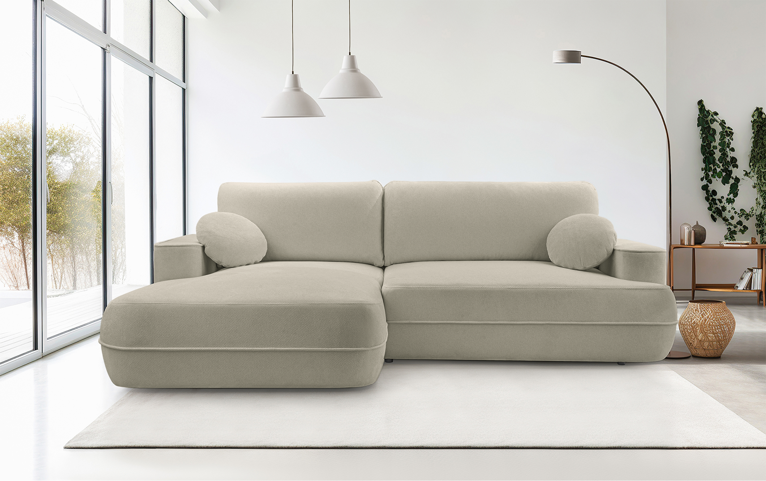 Ecksofa mit Schlaffunktion Fuerro, L-förmig, linksseitig, mit Stauraum, hellbraun, geflochten, wasserabweisend