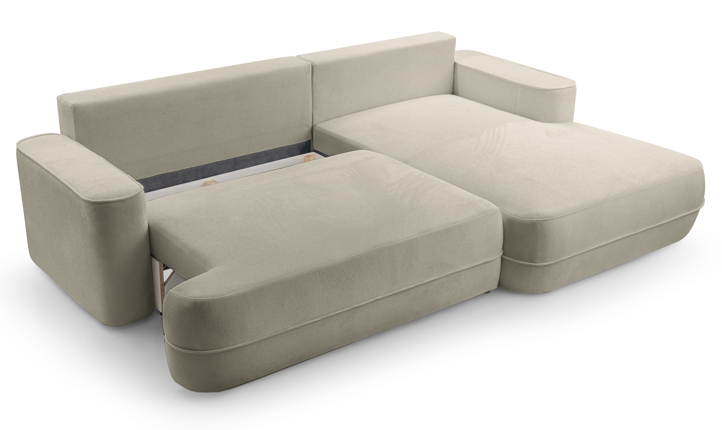 Ecksofa mit Schlafunktion Fuerro, L-förmig, rechtsseitig, mit Stauraum, hellbraun, geflochten, wasserabweisend