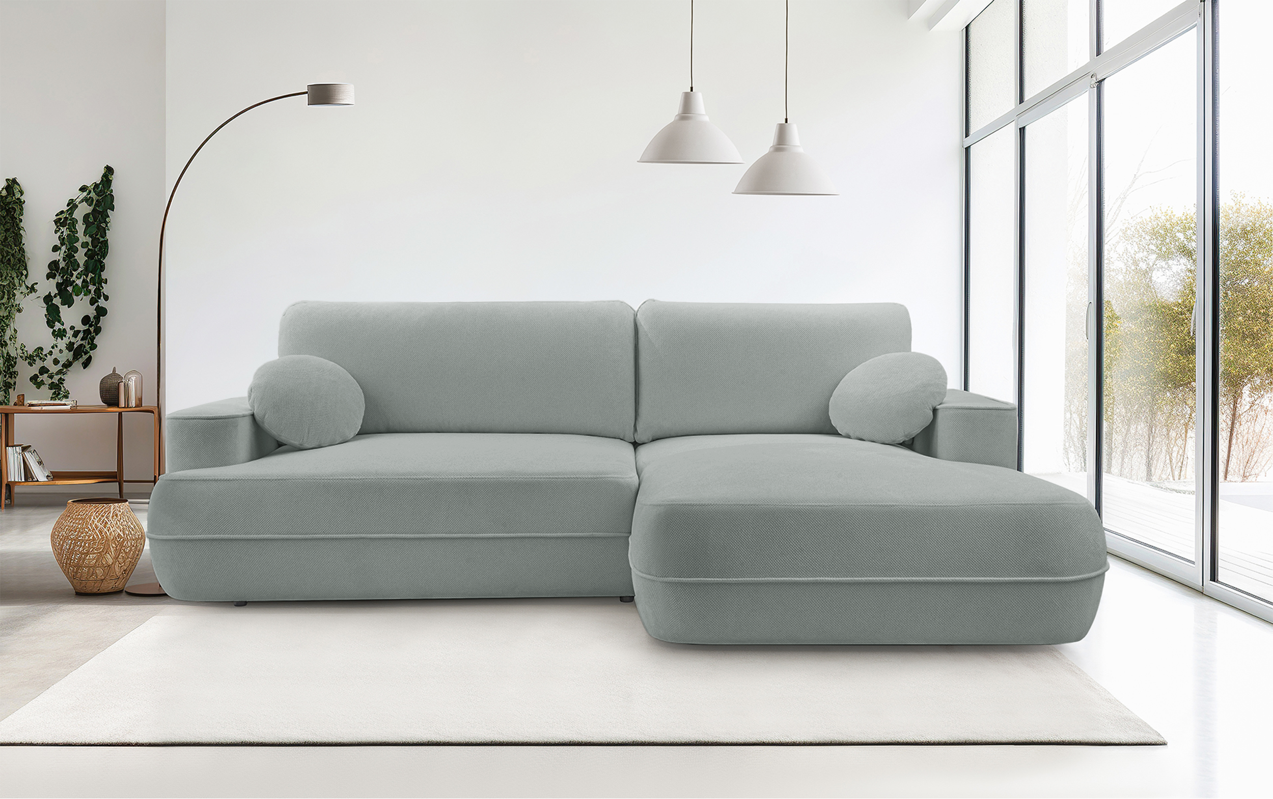 Ecksofa mit Schlaffunktion Fuerro, L-förmig, rechtsseitig, mit Stauraum, grau-beige, geflochten, wasserabweisend