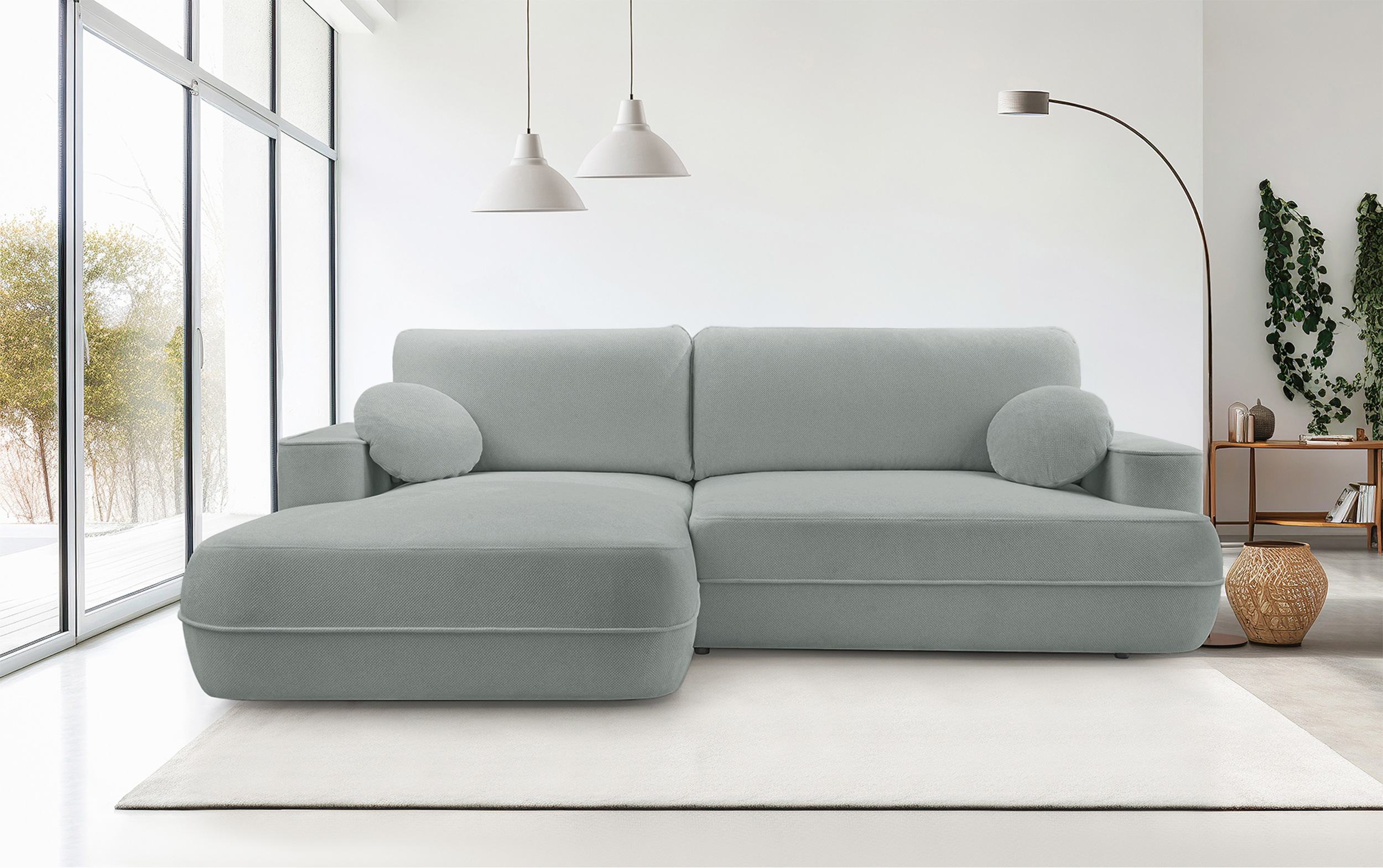 Ecksofa mit Schlaffunktion Fuerro, L-förmig, linksseitig, mit Stauraum, grau-beige, gewebt, wasserabweisend