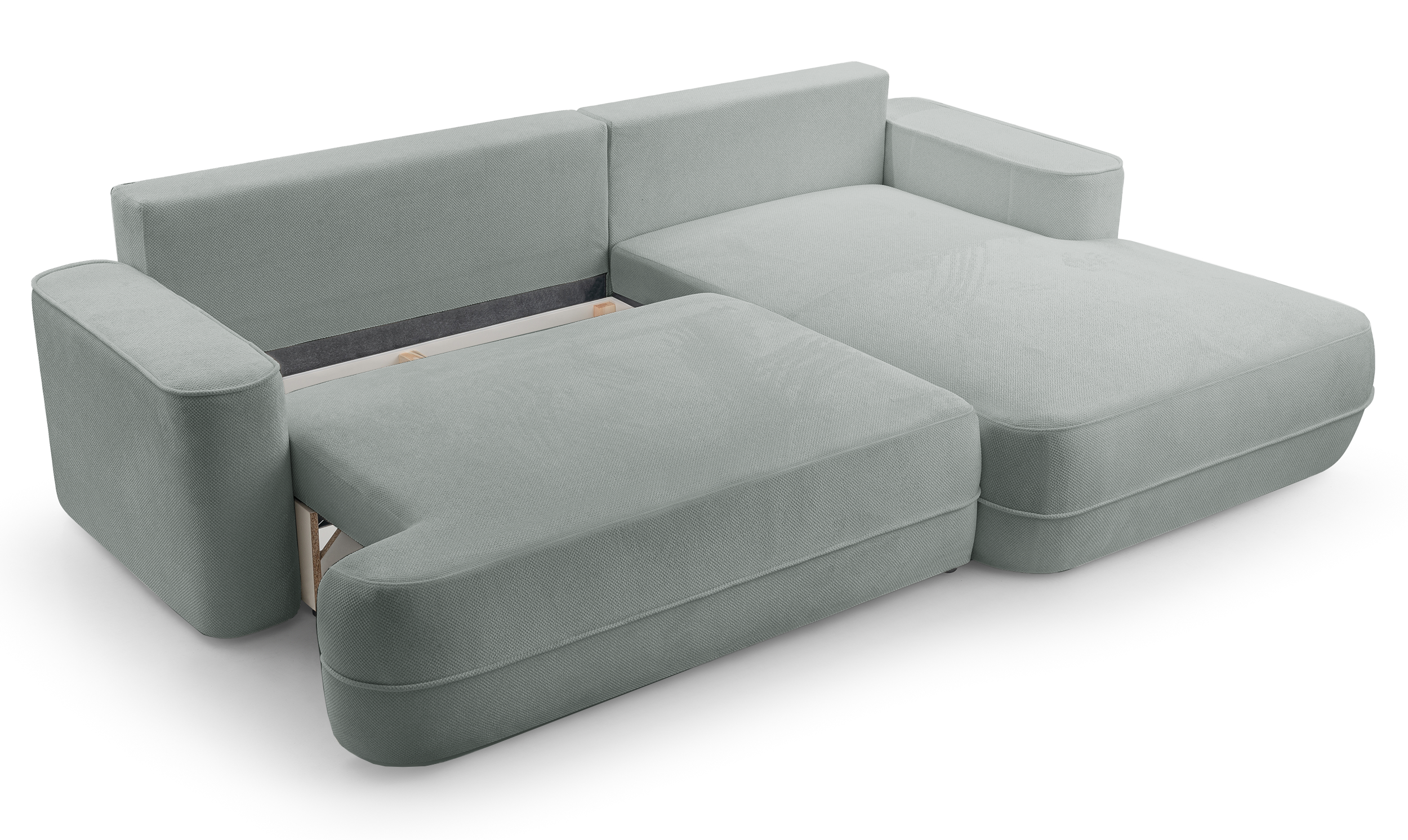 Ecksofa mit Schlaffunktion Fuerro, L-förmig, rechtsseitig, mit Stauraum, grau-beige, geflochten, wasserabweisend
