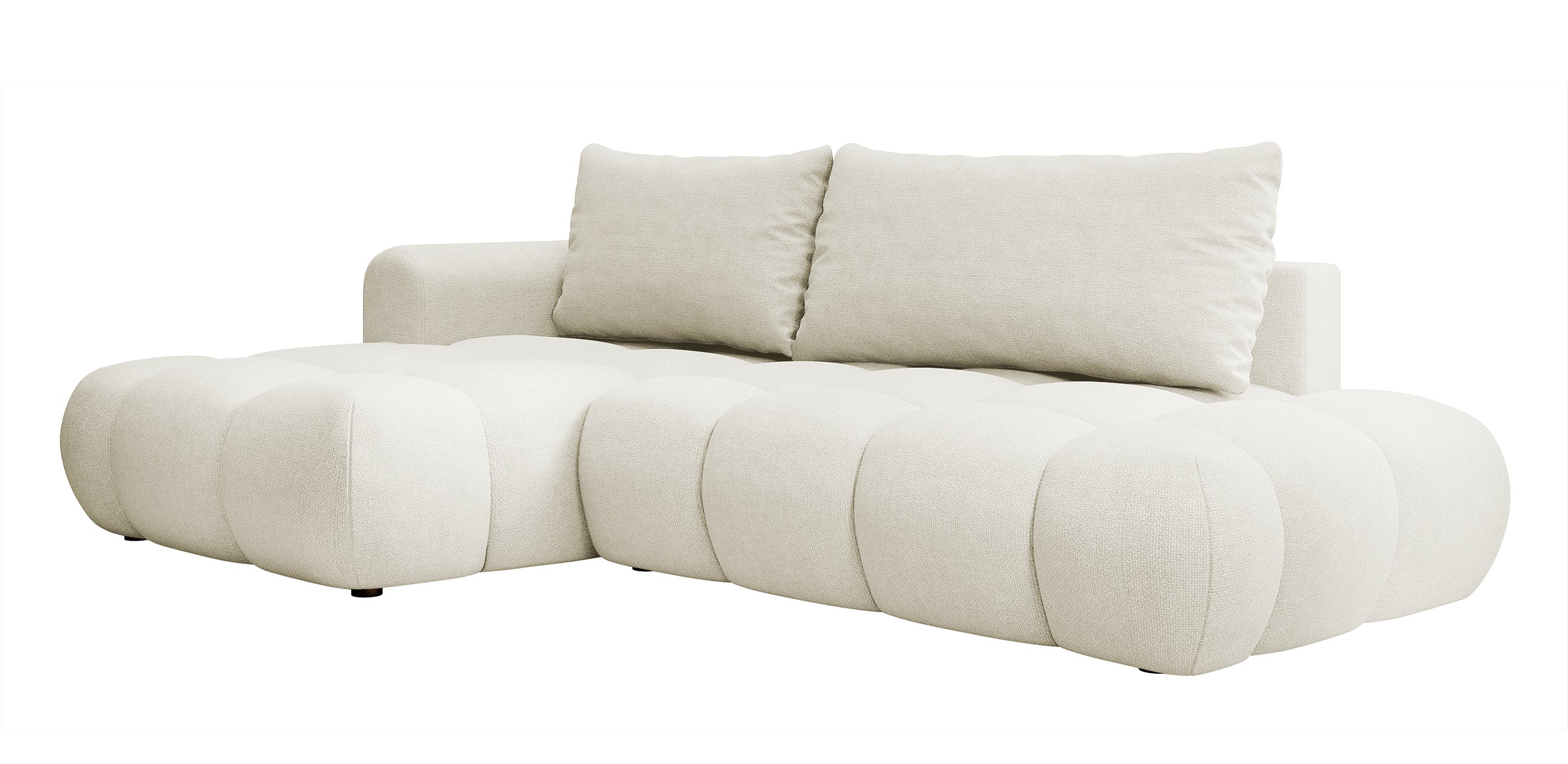 Ecksofa mit Schlaffunktion Ombo, cremefarben, L-förmig, mit Stauraum, aus leicht zu reinigendem Flechtstoff, linksseitig