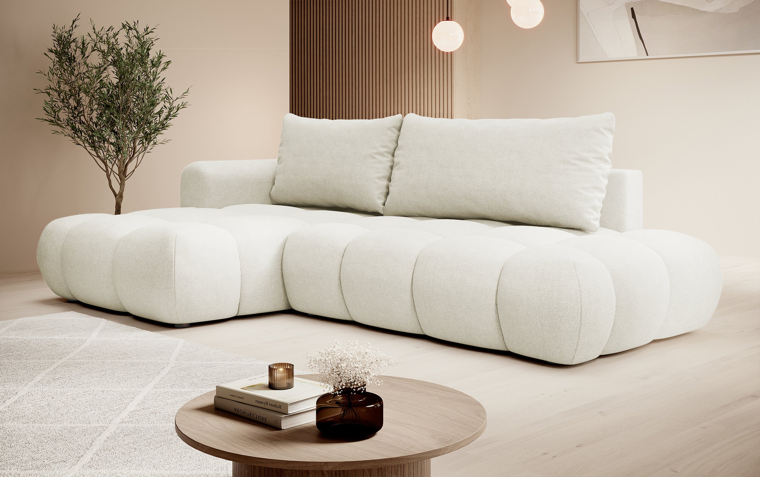 Ecksofa mit Schlaffunktion Ombo, cremefarben, L-förmig, mit Stauraum, aus leicht zu reinigendem Flechtstoff, linksseitig