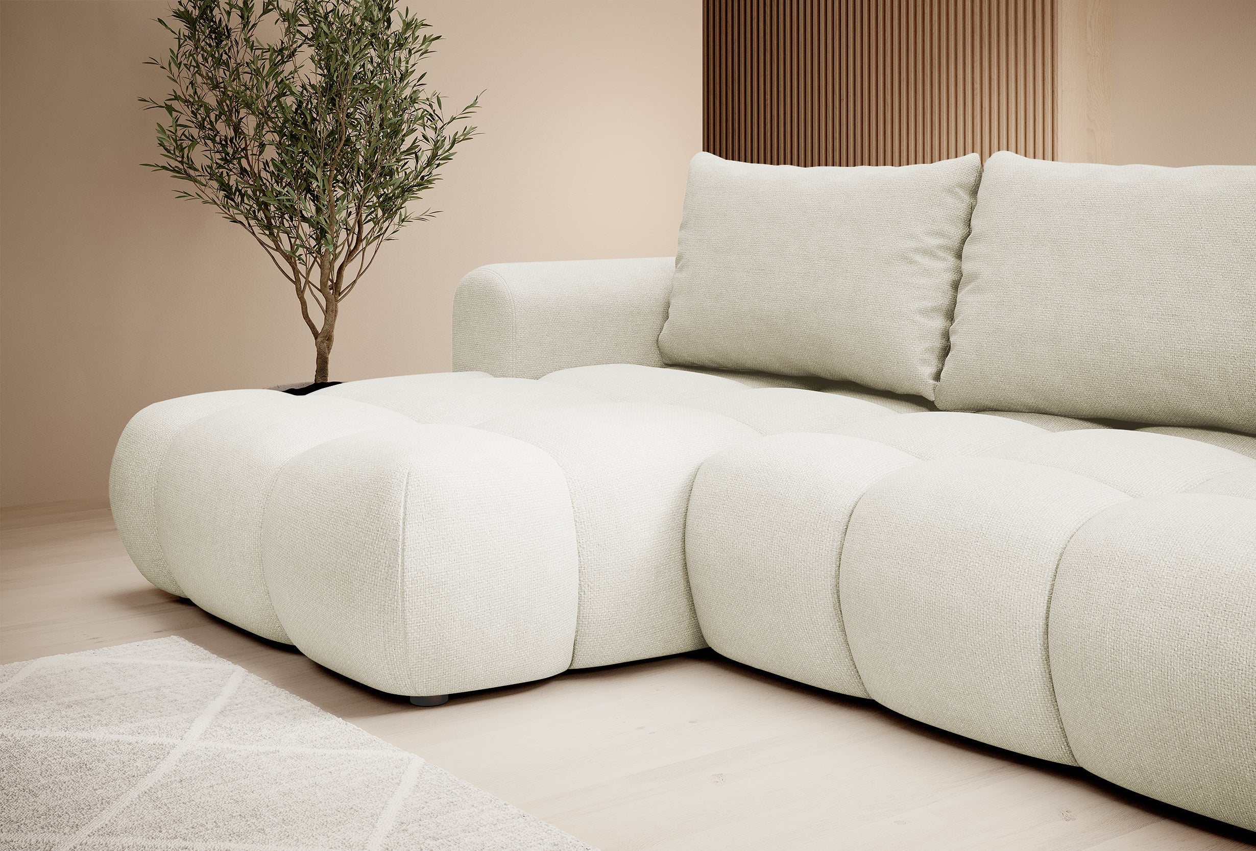 Ecksofa mit Schlaffunktion Ombo, cremefarben, L-förmig, mit Stauraum, aus leicht zu reinigendem Flechtstoff, linksseitig