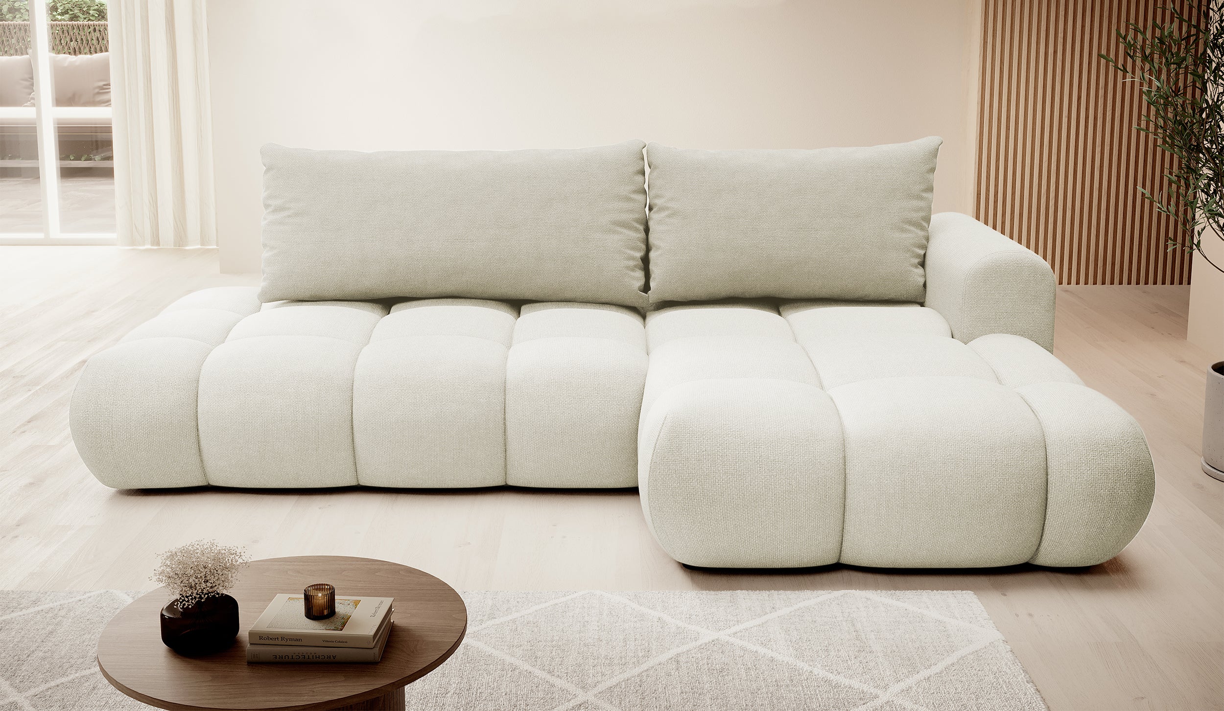 Ecksofa mit Schlaffunktion Ombo, cremefarben, L-förmig, mit Stauraum, in leicht zu reinigendem Flechtstoff, rechtsseitig