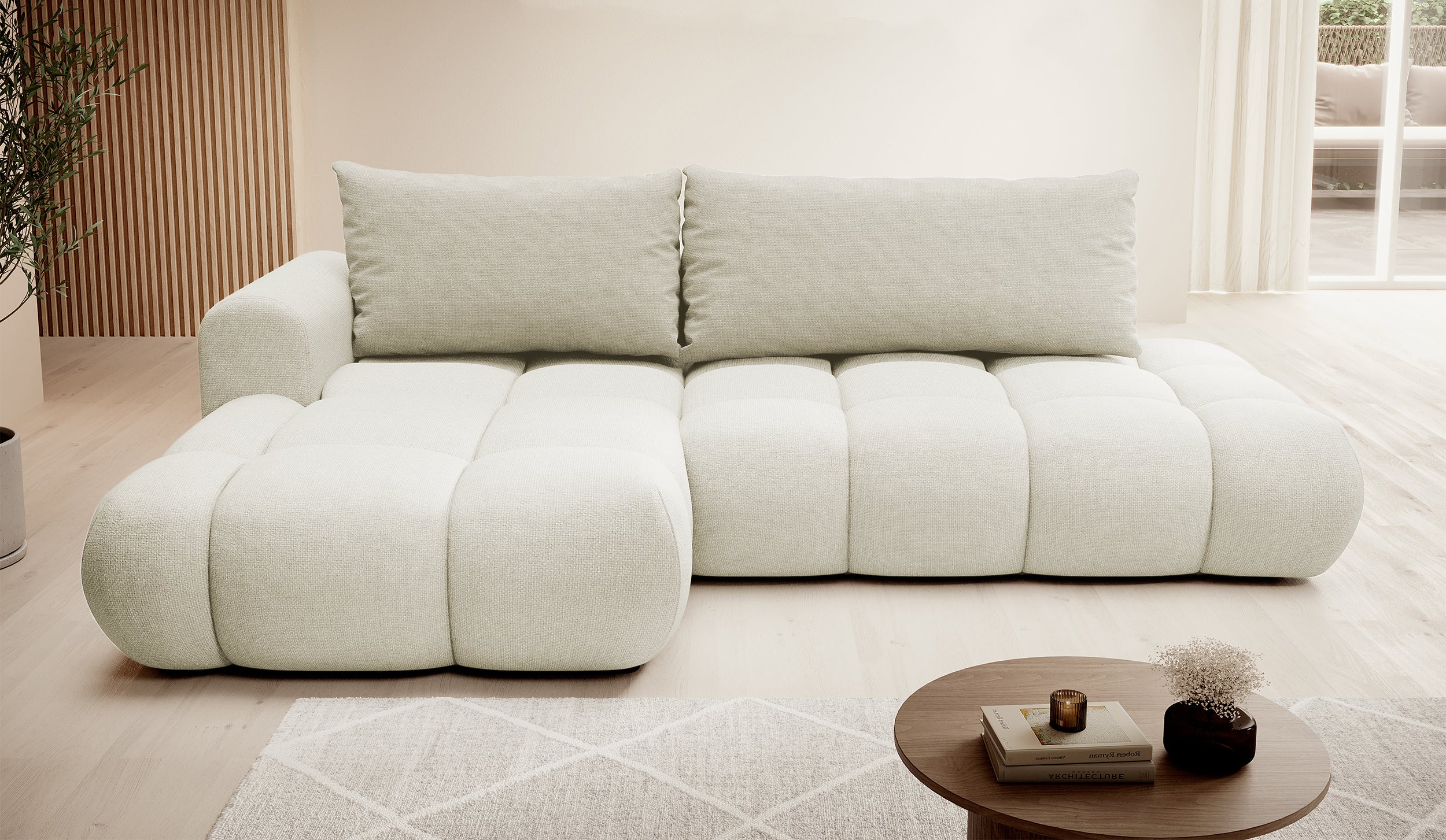 Ecksofa mit Schlaffunktion Ombo, cremefarben, L-förmig, mit Stauraum, aus leicht zu reinigendem Flechtstoff, linksseitig