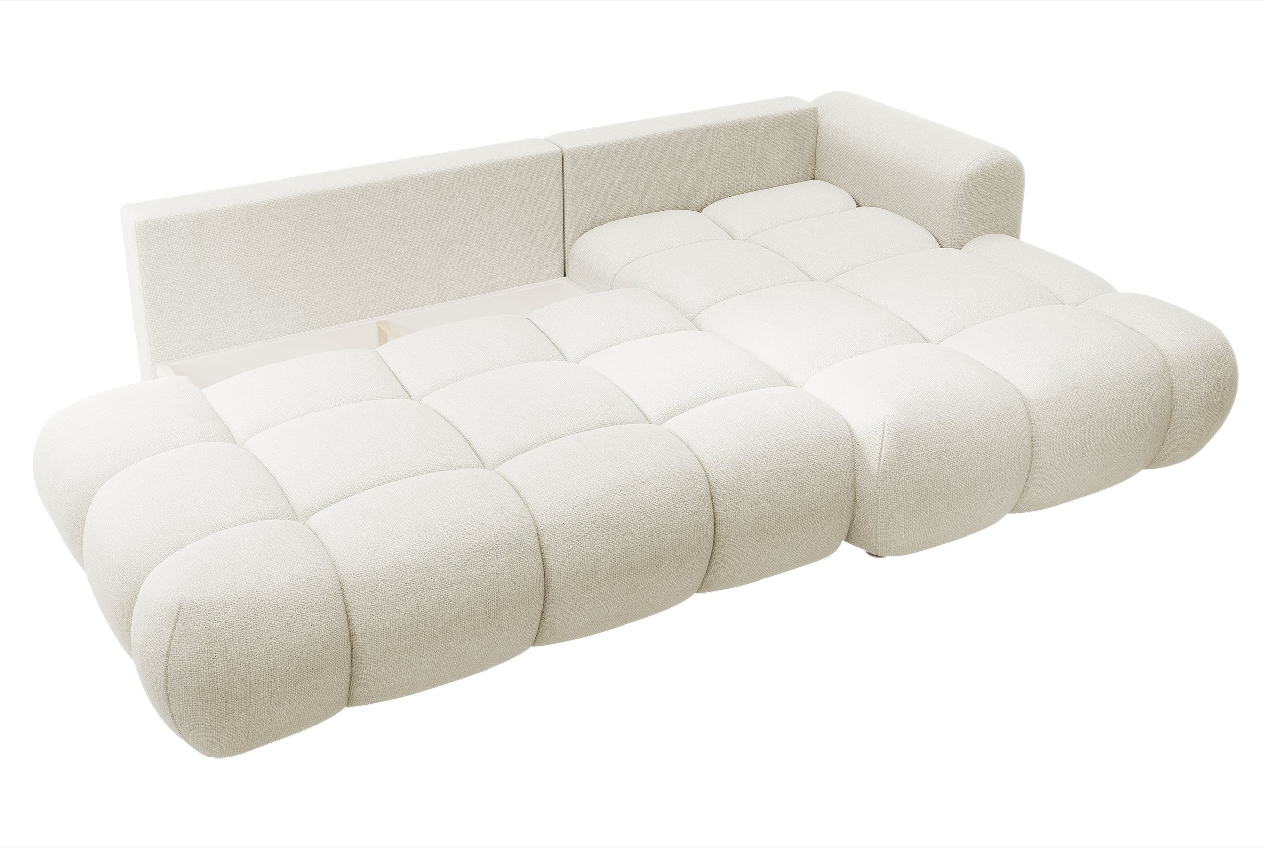 Ecksofa mit Schlaffunktion Ombo, cremefarben, L-förmig, mit Stauraum, in leicht zu reinigendem Flechtstoff, rechtsseitig