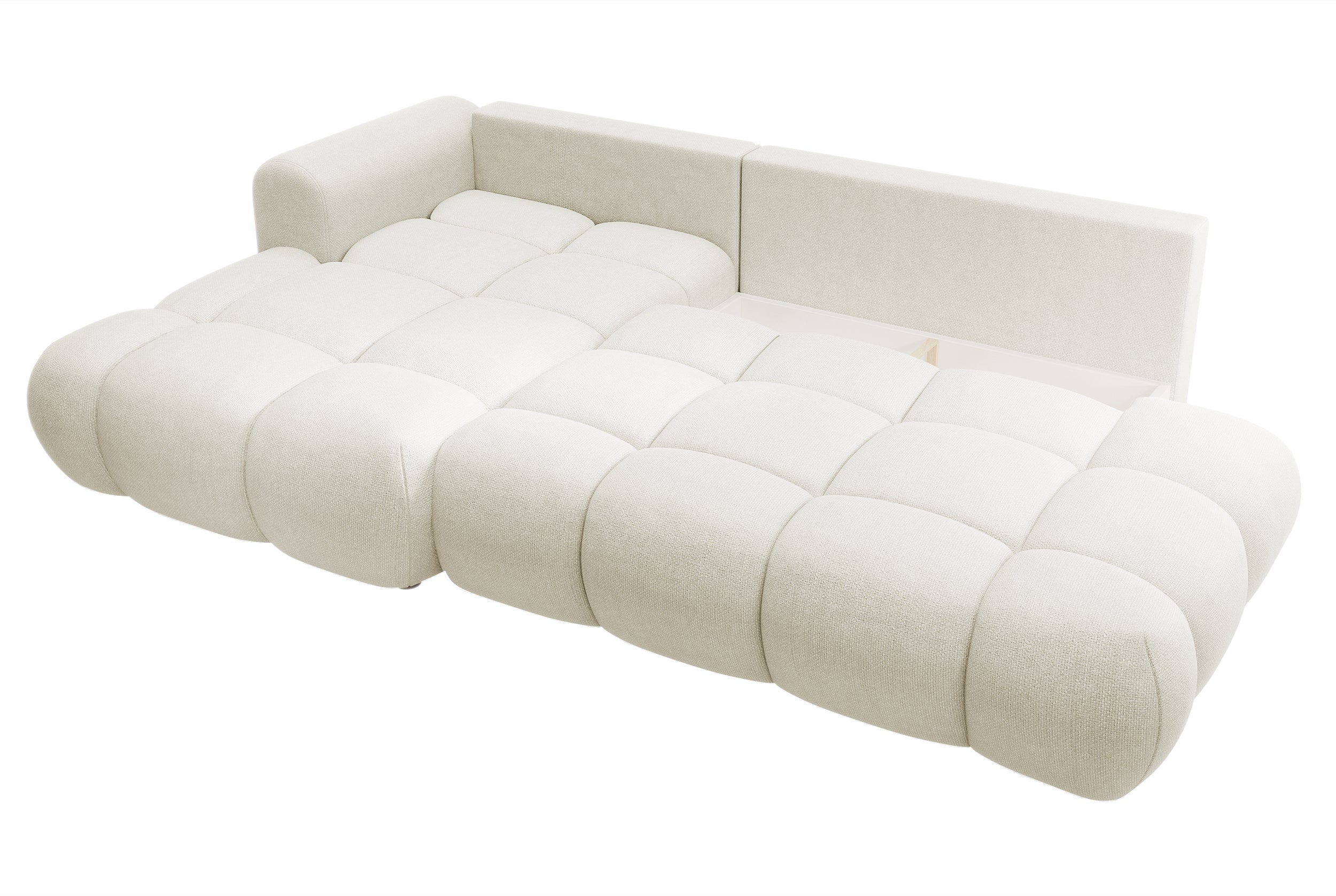 Ecksofa mit Schlaffunktion Ombo, cremefarben, L-förmig, mit Stauraum, aus leicht zu reinigendem Flechtstoff, linksseitig