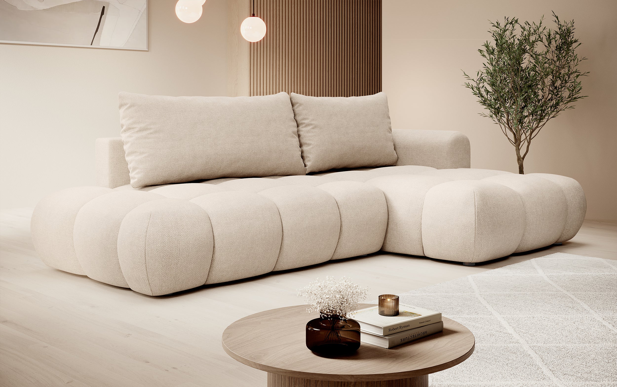 Ecksofa mit Schlaffunktion Ombo, beige, L-förmig, mit Stauraum, aus pflegeleichtem Flechtstoff, rechtsseitig