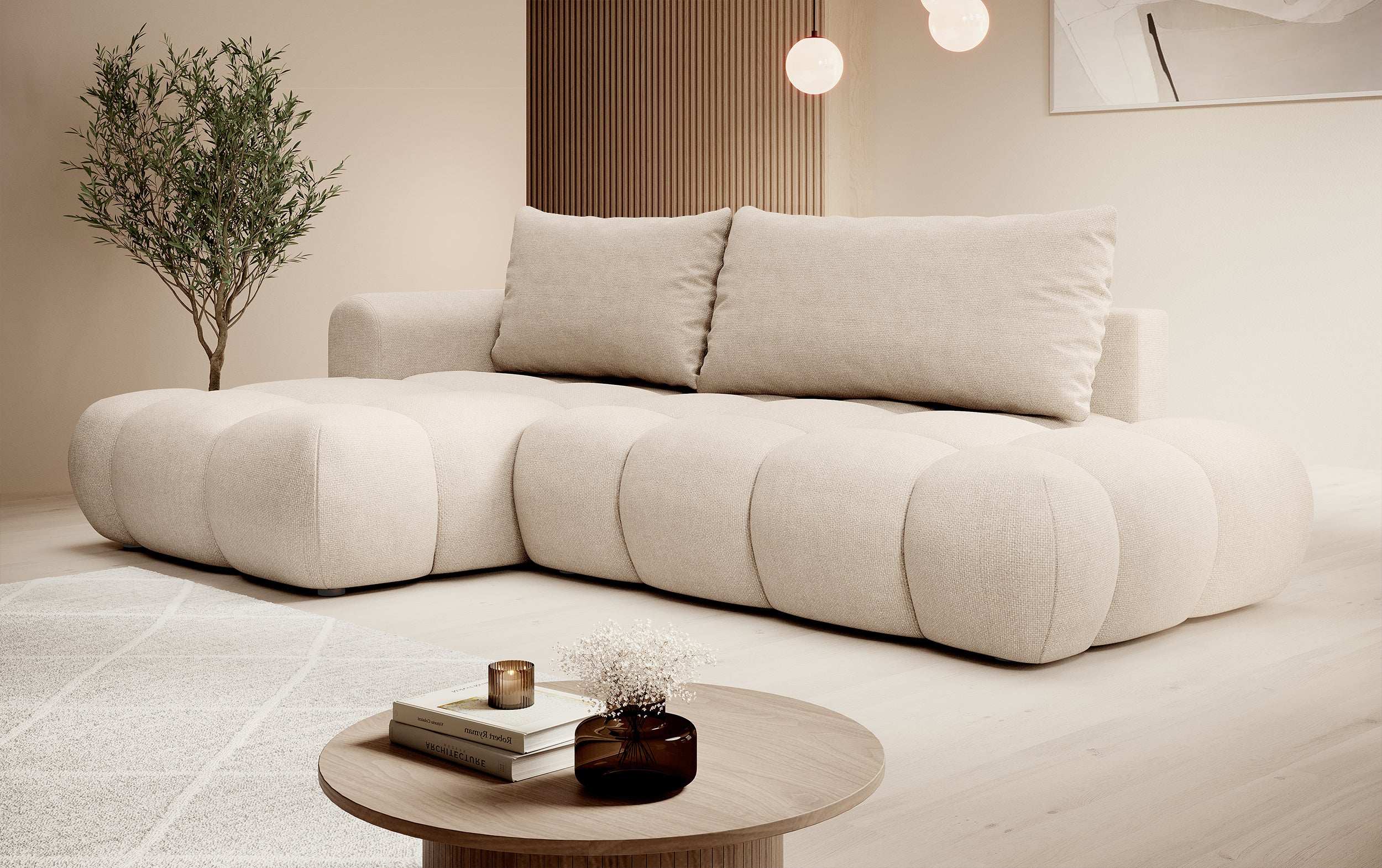 Ecksofa mit Schlaffunktion Ombo, beige, L-Form, mit Stauraum, aus leicht zu reinigendem Flechtstoff, linksseitig