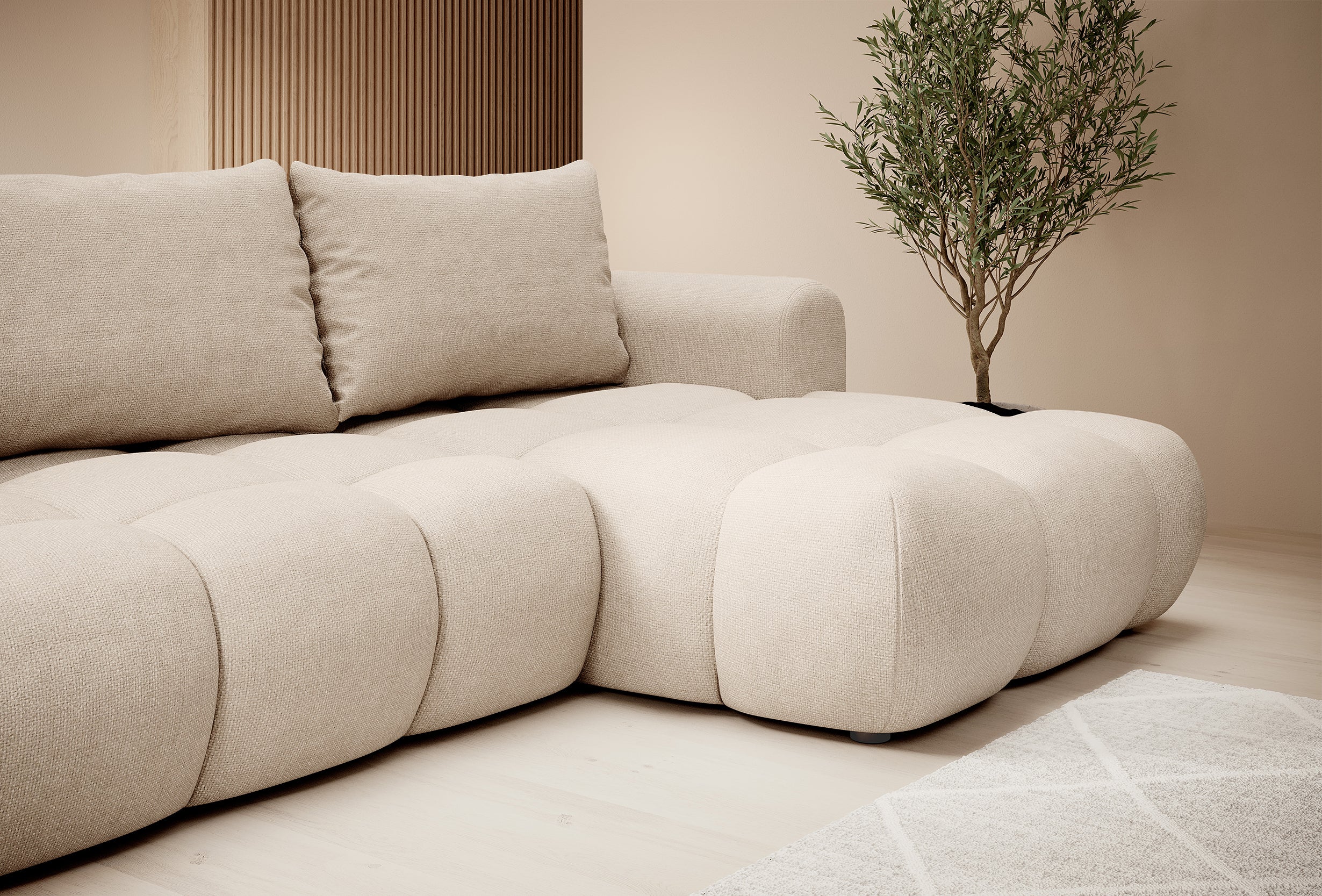 Ecksofa mit Schlaffunktion Ombo, beige, L-förmig, mit Stauraum, aus pflegeleichtem Flechtstoff, rechtsseitig