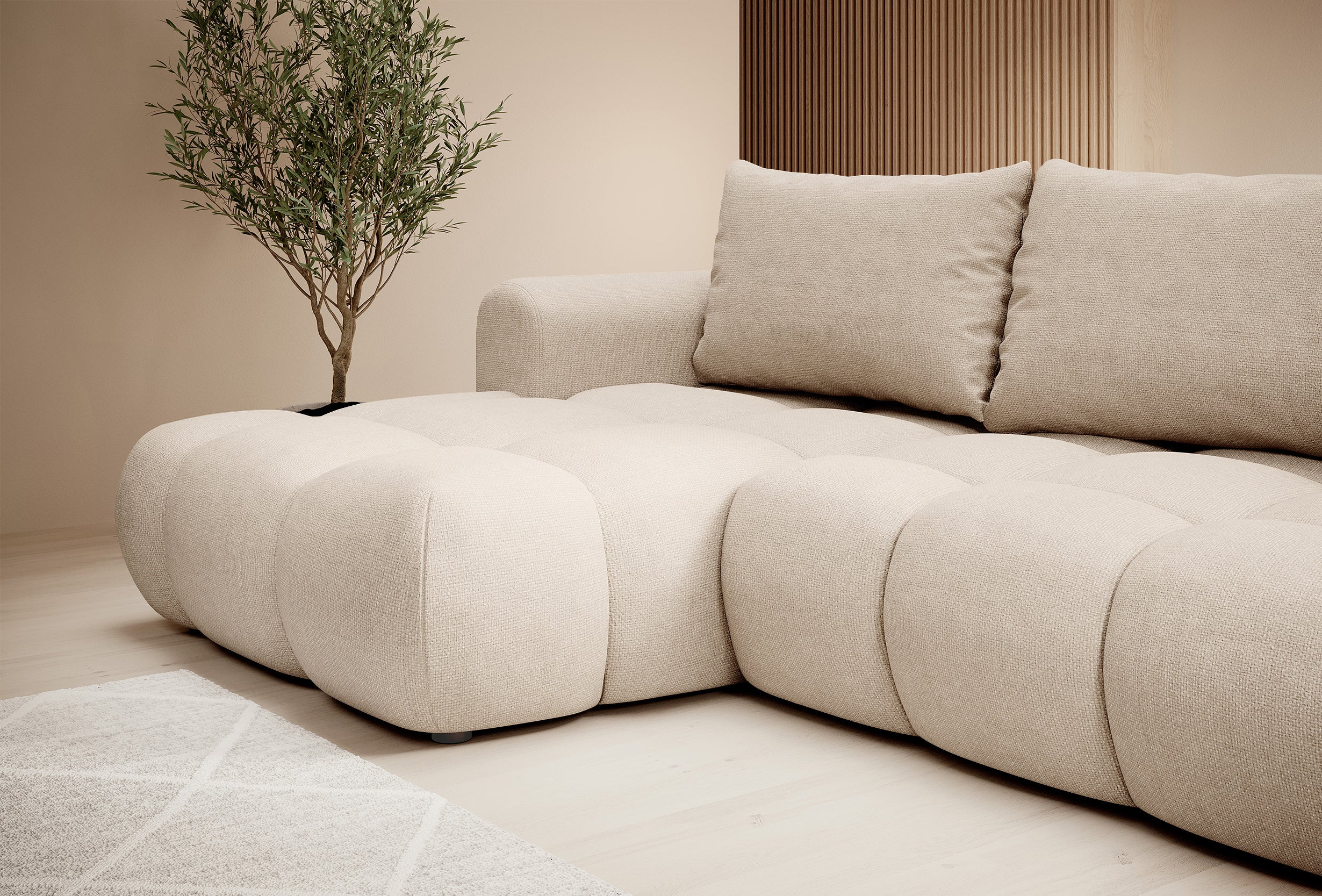 Ecksofa mit Schlaffunktion Ombo, beige, L-Form, mit Stauraum, aus leicht zu reinigendem Flechtstoff, linksseitig