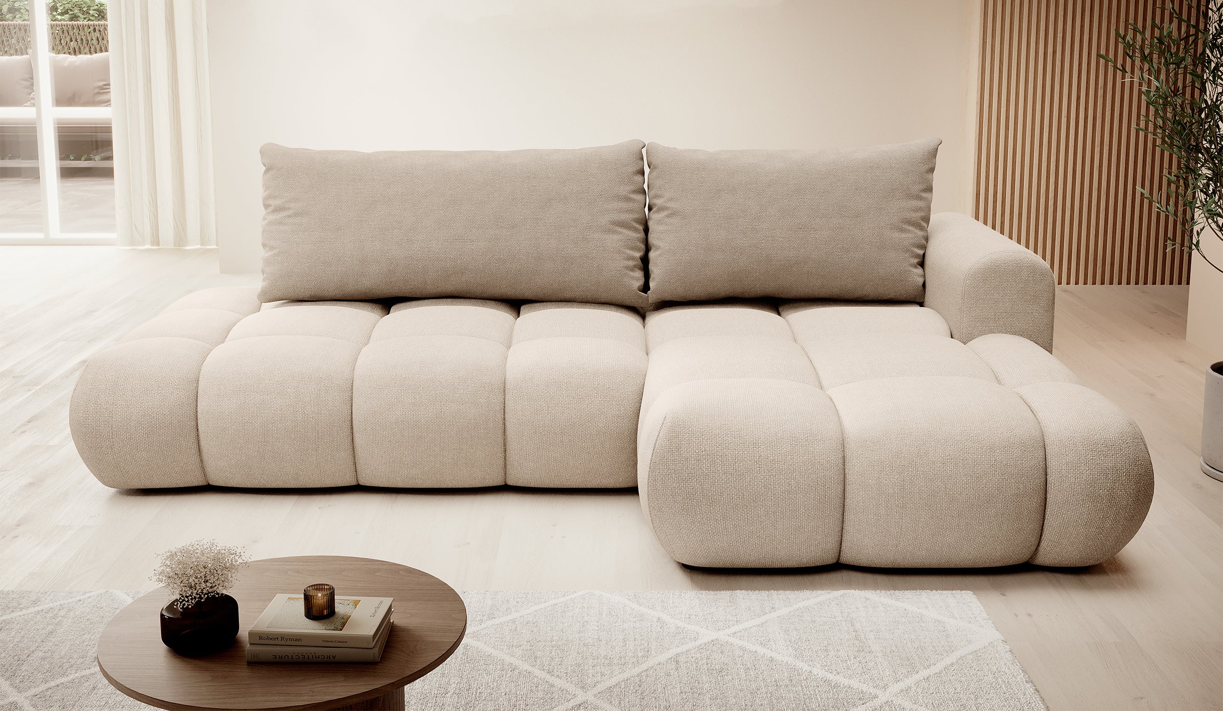 Ecksofa mit Schlaffunktion Ombo, beige, L-förmig, mit Stauraum, aus pflegeleichtem Flechtstoff, rechtsseitig