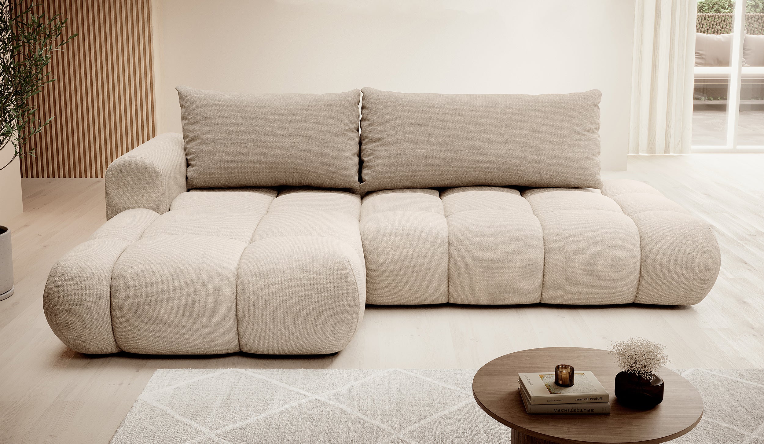 Ecksofa mit Schlaffunktion Ombo, beige, L-Form, mit Stauraum, aus leicht zu reinigendem Flechtstoff, linksseitig