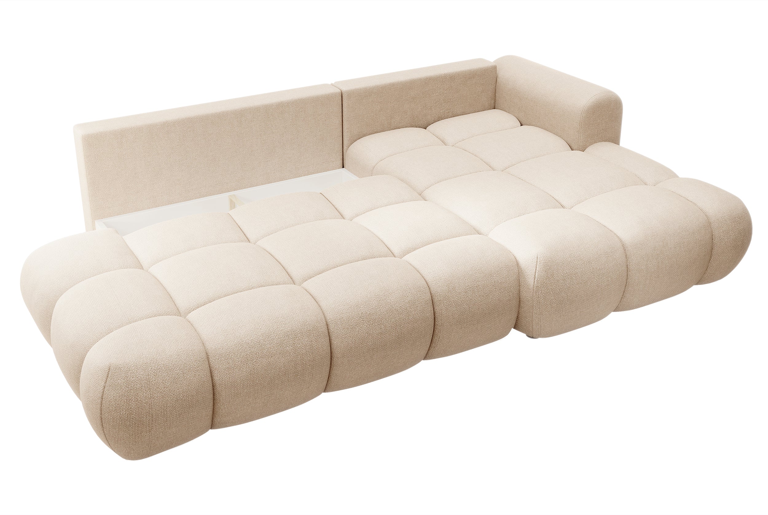 Ecksofa mit Schlaffunktion Ombo, beige, L-förmig, mit Stauraum, aus pflegeleichtem Flechtstoff, rechtsseitig