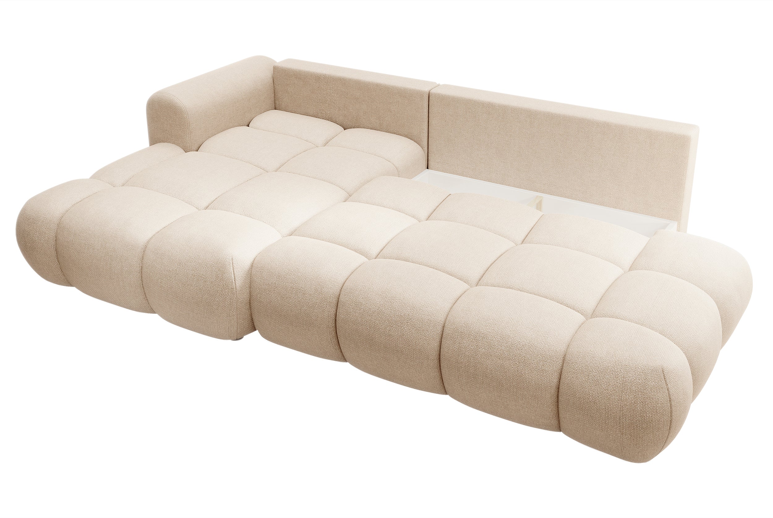 Ecksofa mit Schlaffunktion Ombo, beige, L-Form, mit Stauraum, aus leicht zu reinigendem Flechtstoff, linksseitig