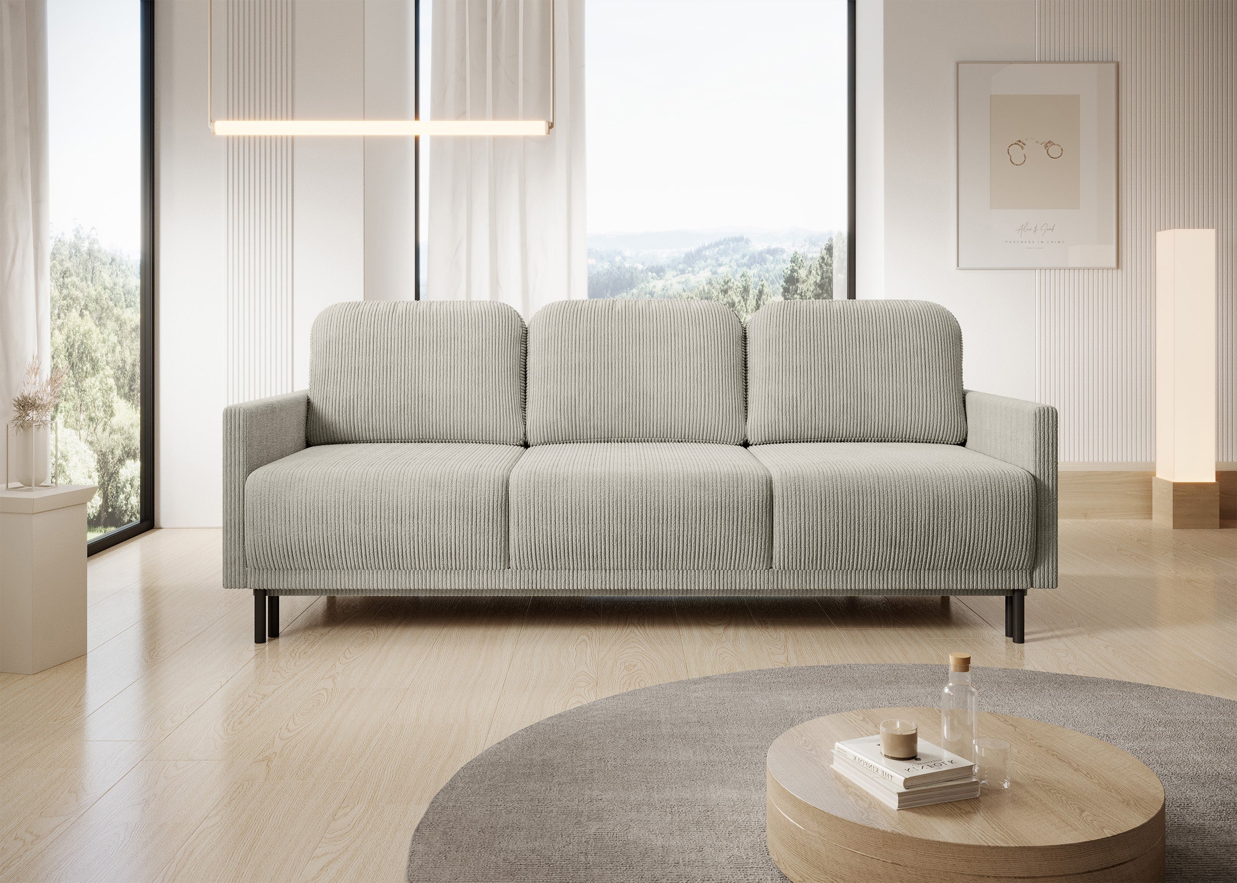 Dreisitziges Klappsofa Hamiel mit Stauraum, hellbeiger Cordstoff