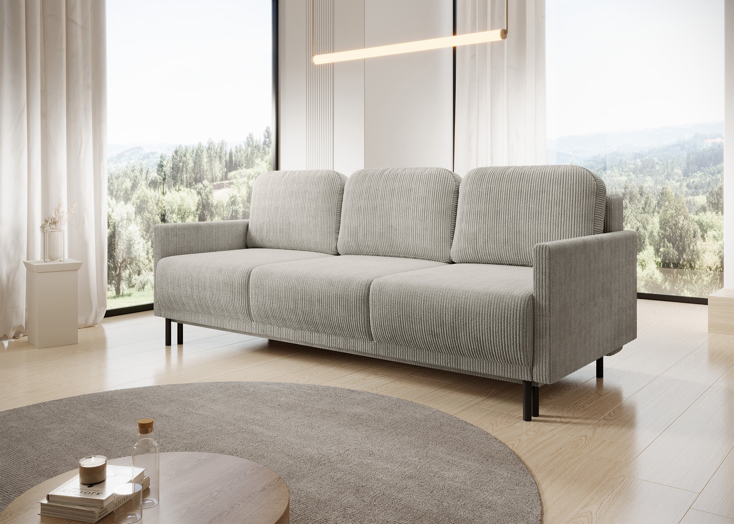 Dreisitziges Klappsofa Hamiel mit Stauraum, hellbeiger Cordstoff