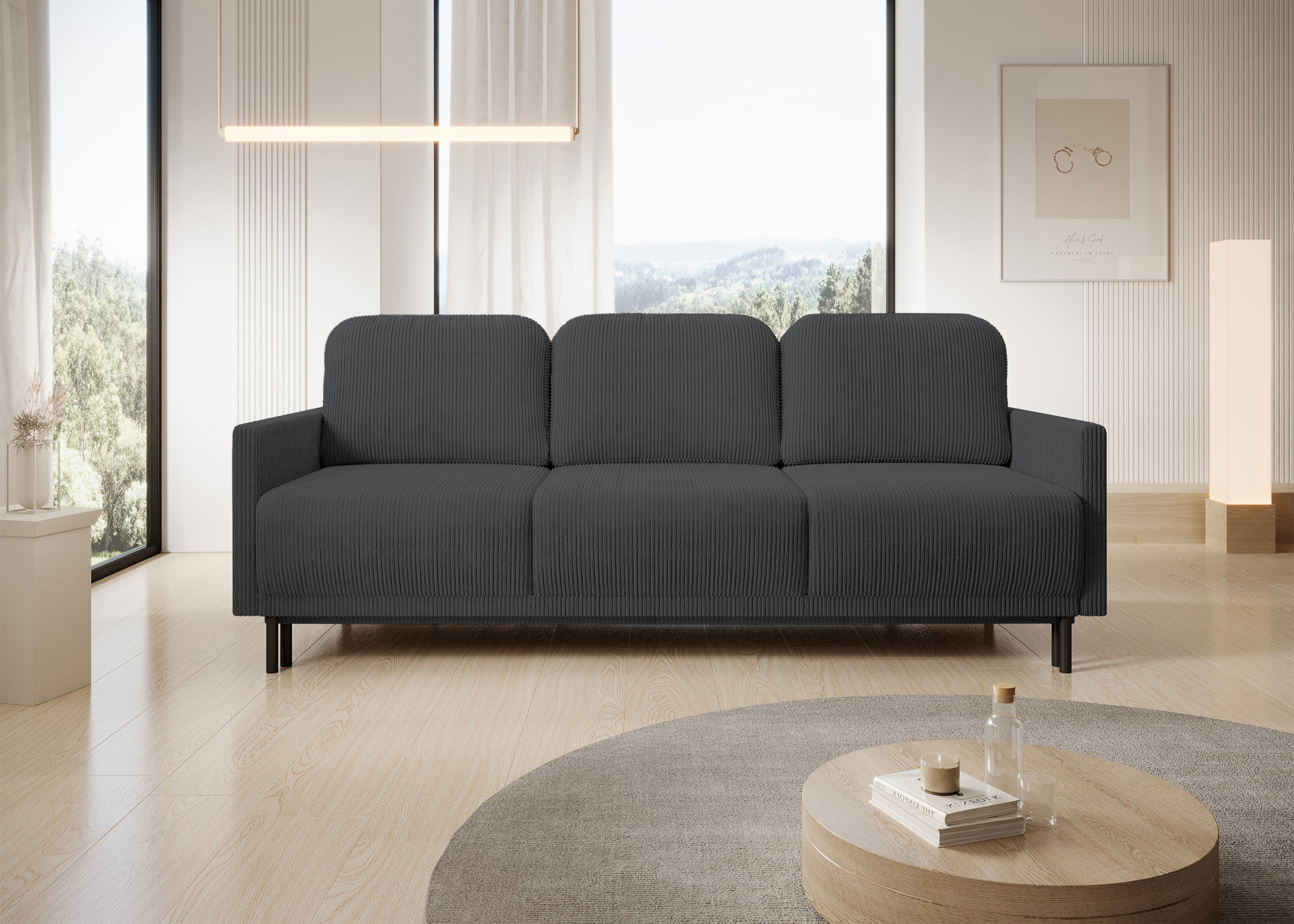 Dreisitziges ausklappbares Sofa Hamiel mit Stauraum, blau-grau Cordstoff