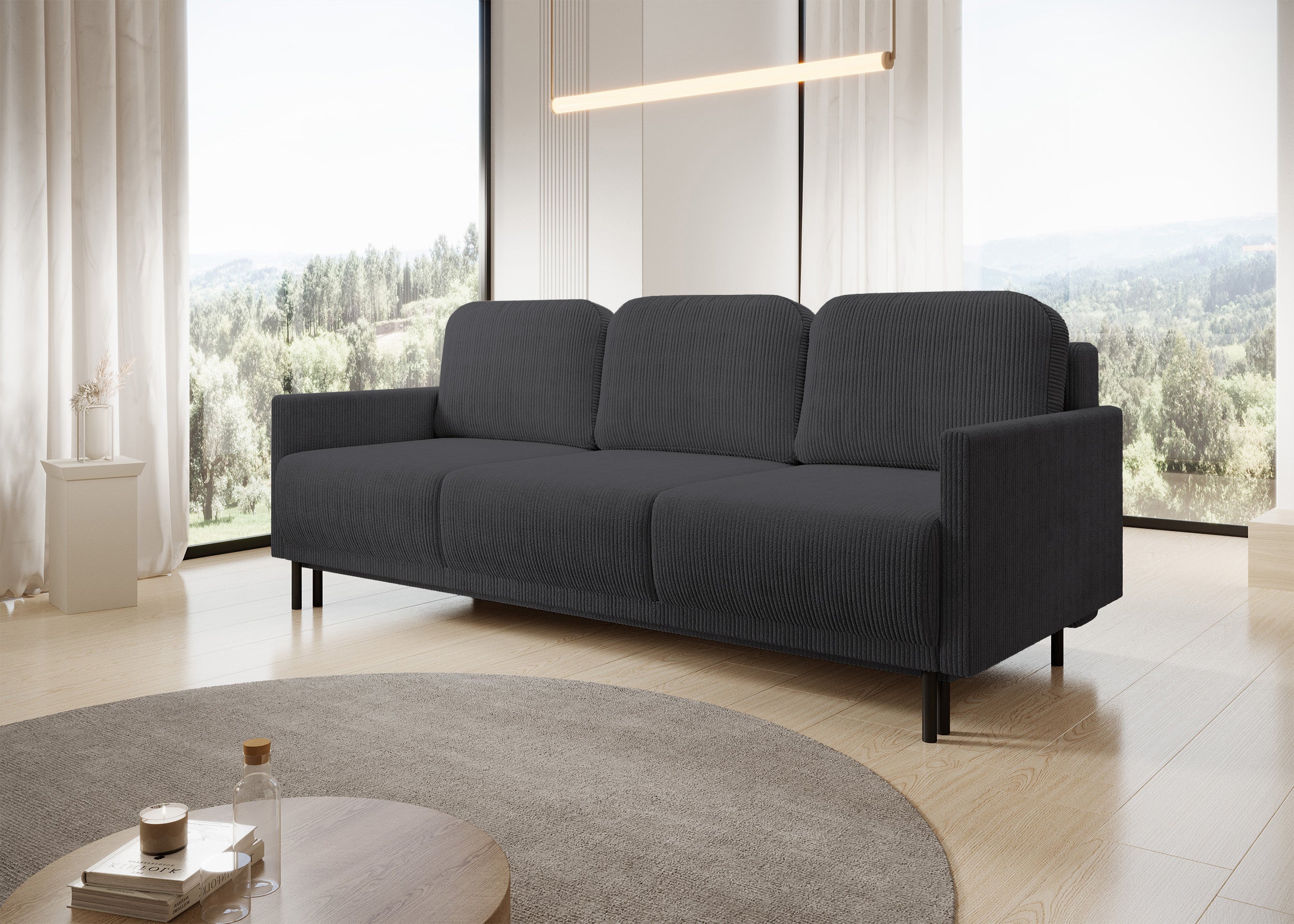 Dreisitziges ausklappbares Sofa Hamiel mit Stauraum, blau-grau Cordstoff