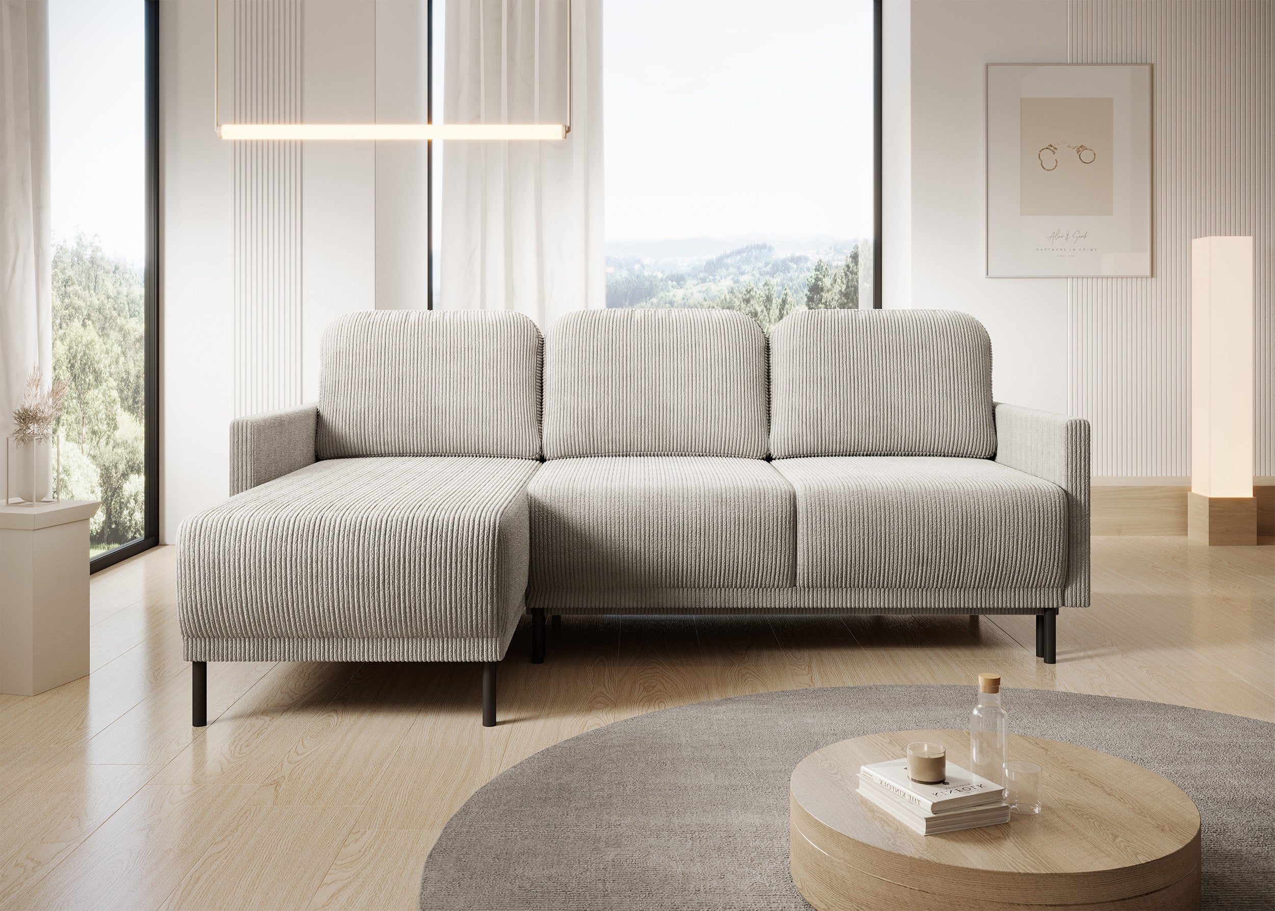 Ausziehbare Eckcouch Hamiel, L-förmig, mit Stauraum, universell, hellbeige Cordstoff
