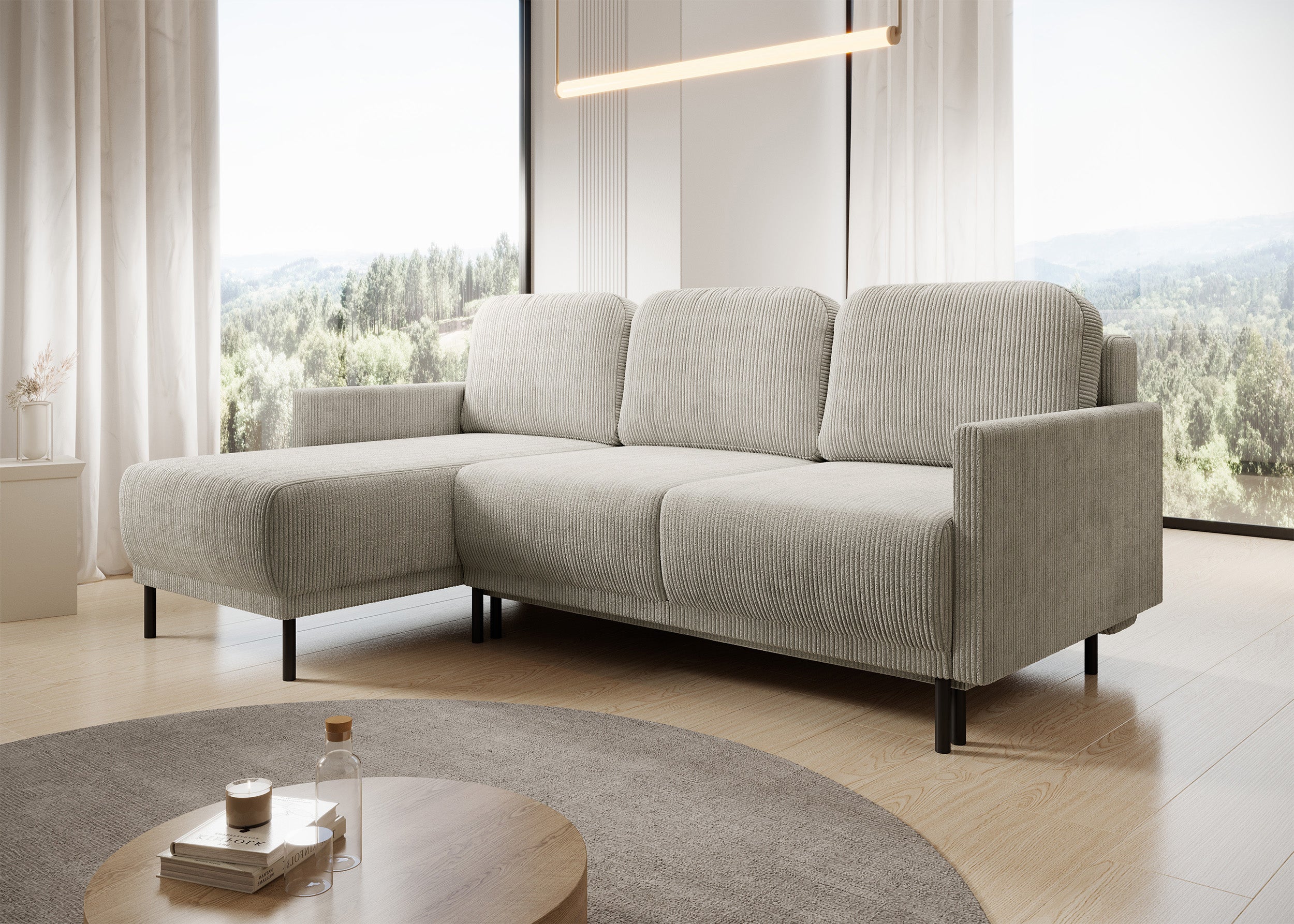 Ausziehbare Eckcouch Hamiel, L-förmig, mit Stauraum, universell, hellbeige Cordstoff