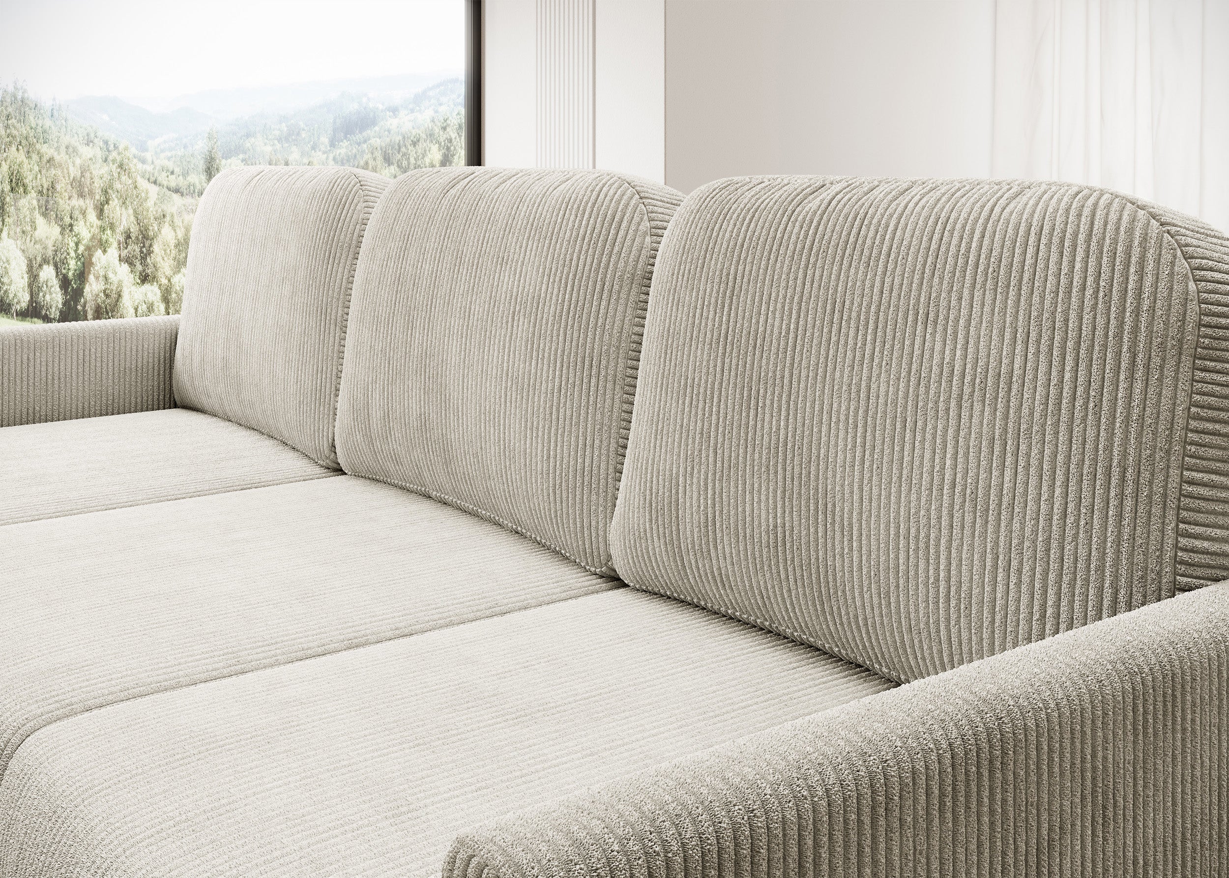 Ausziehbare Eckcouch Hamiel, L-förmig, mit Stauraum, universell, hellbeige Cordstoff