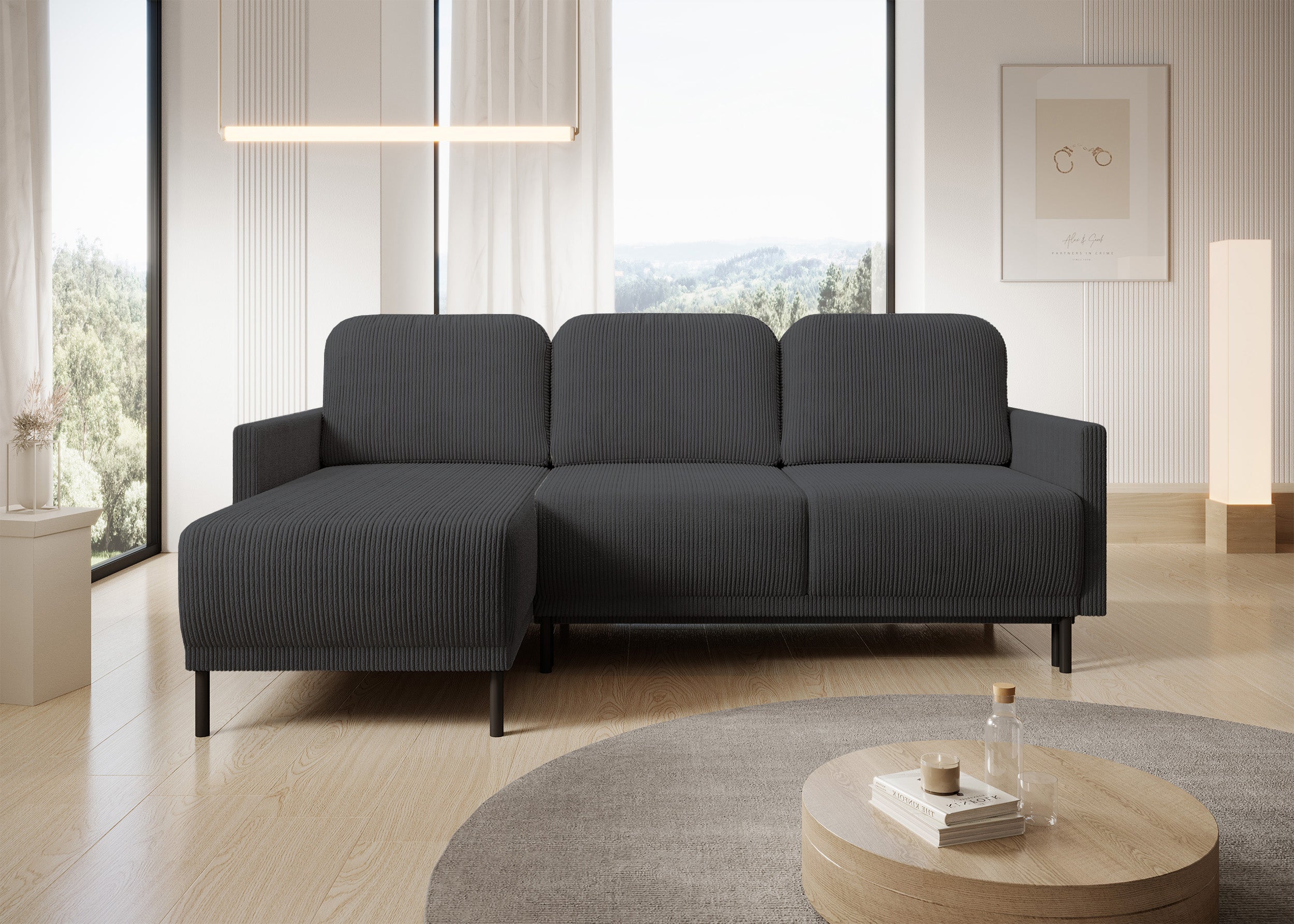 Ausziehbare Eckcouch Hamiel, L-förmig, mit Stauraum, universell, blau-grau, Cordstoff