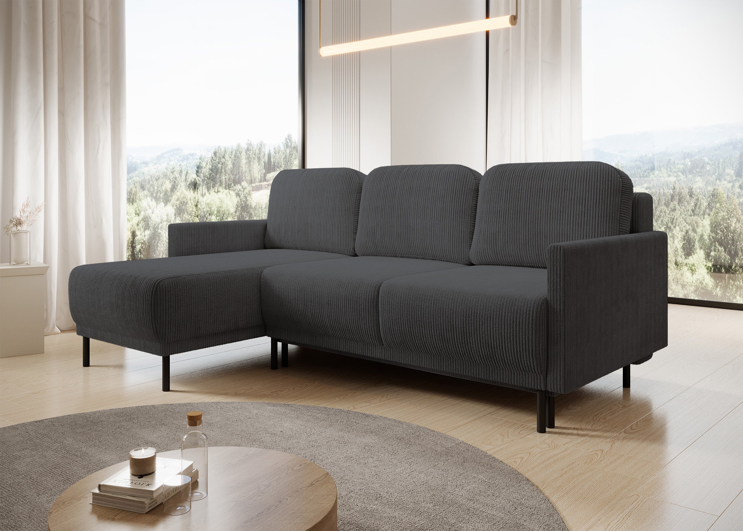 Ausziehbare Eckcouch Hamiel, L-förmig, mit Stauraum, universell, blau-grau, Cordstoff