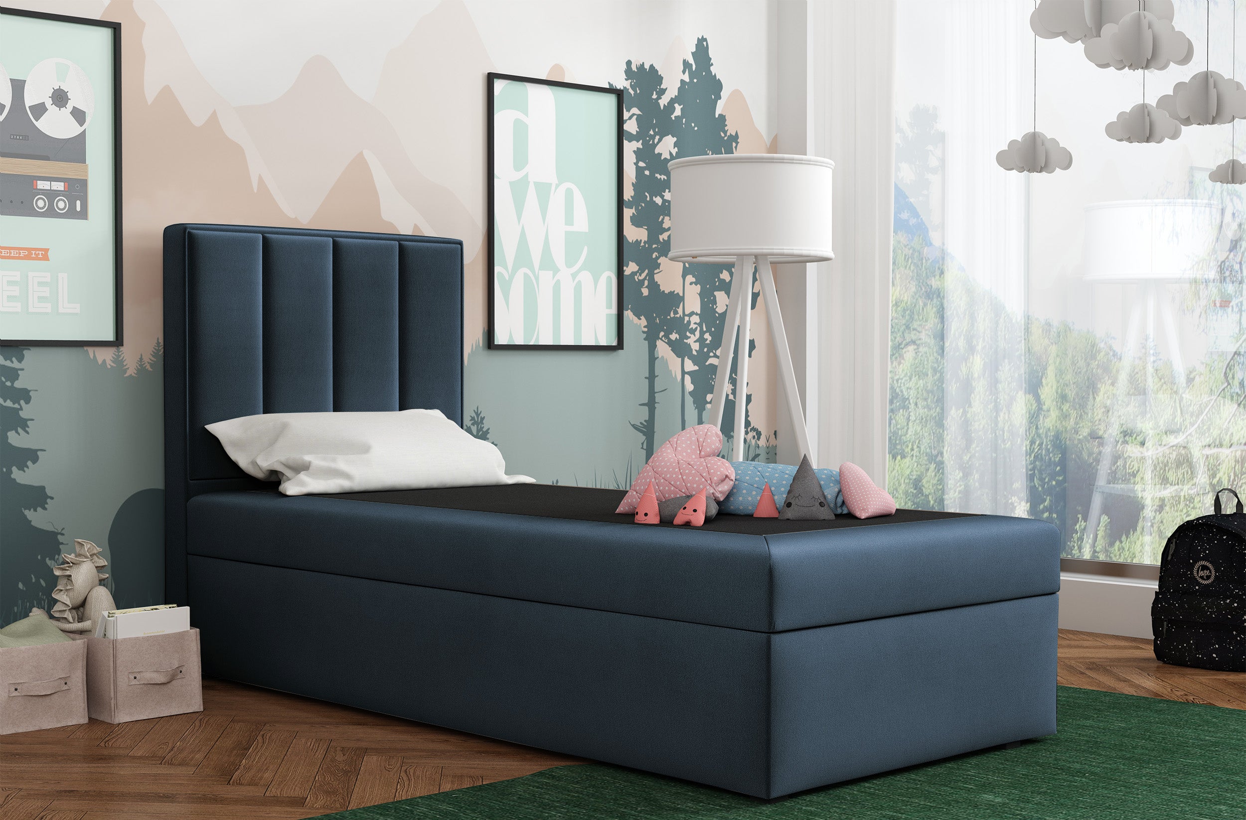Kontinentalbett 90x200 cm Rinus mit Stauraum, marineblauer Velours, wasserabweisend, linksseitig