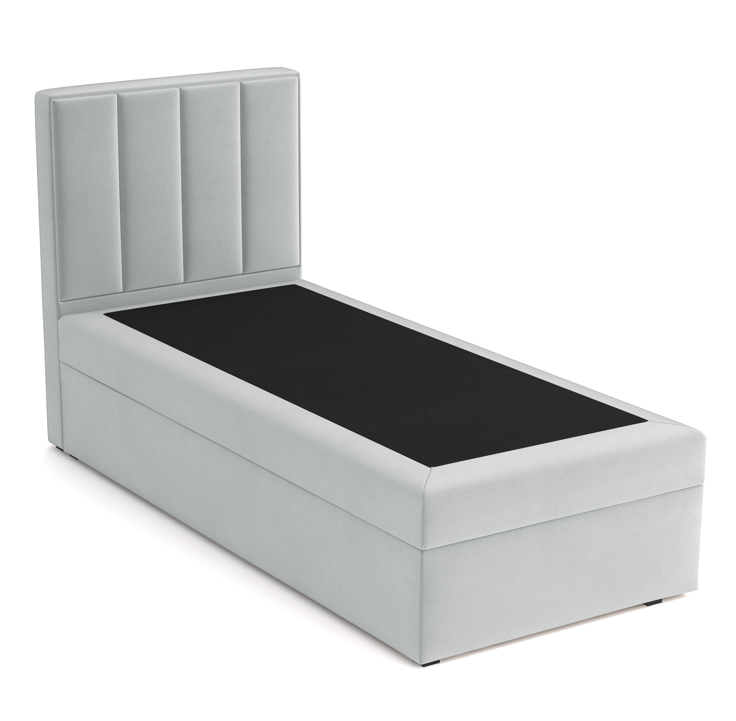 Kontinentalbett 90x200 cm Rinus mit Stauraum, hellgrauer Velours, wasserabweisend, linksseitig