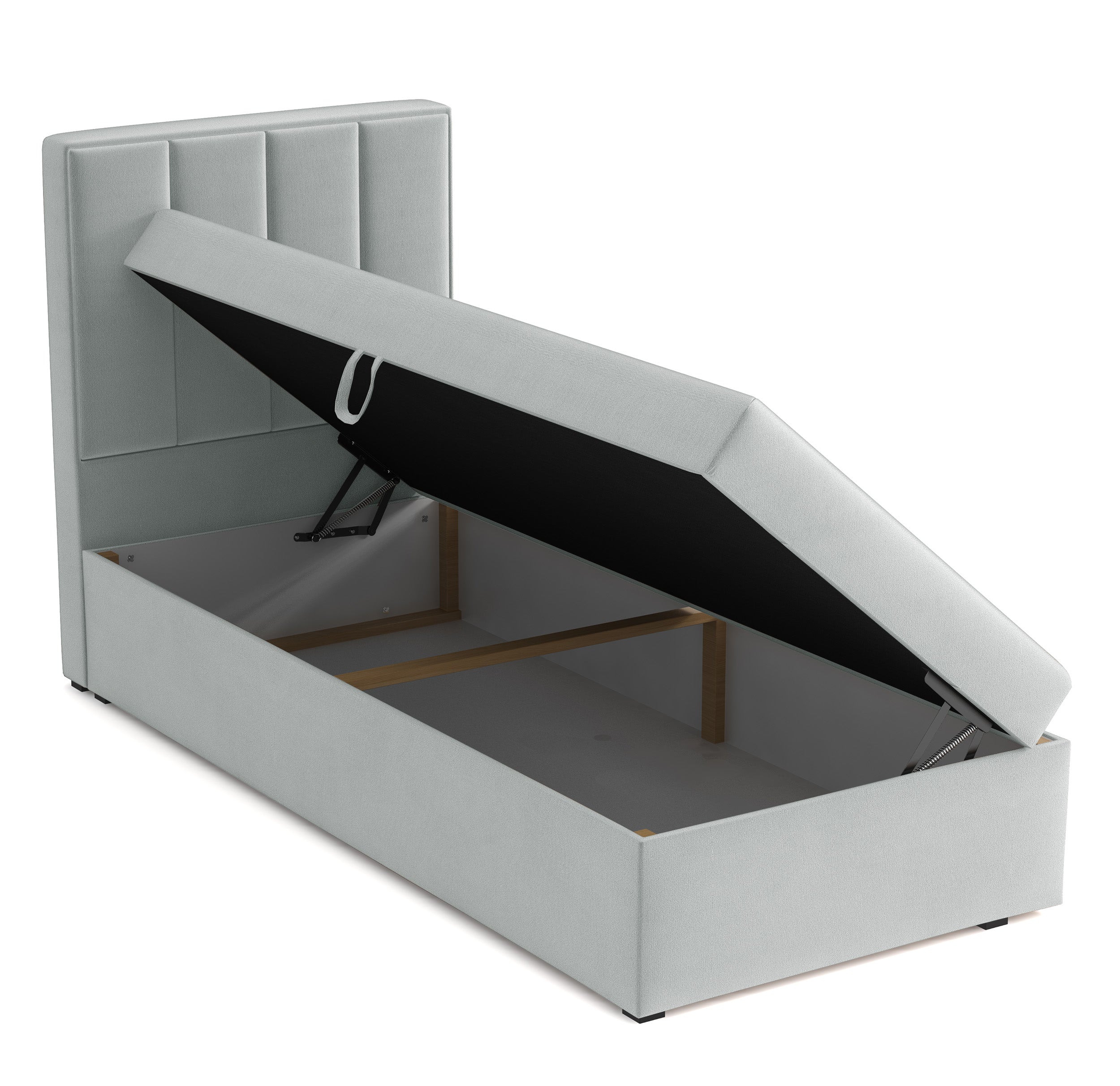 Kontinentalbett 90x200 cm Rinus mit Stauraum, hellgrauer Velours, wasserabweisend, rechtsseitig