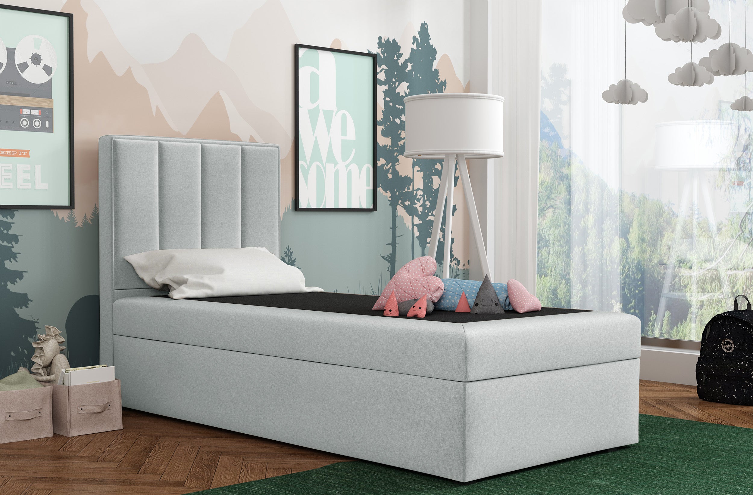 Kontinentalbett 90x200 cm Rinus mit Stauraum, hellgrauer Velours, wasserabweisend, linksseitig