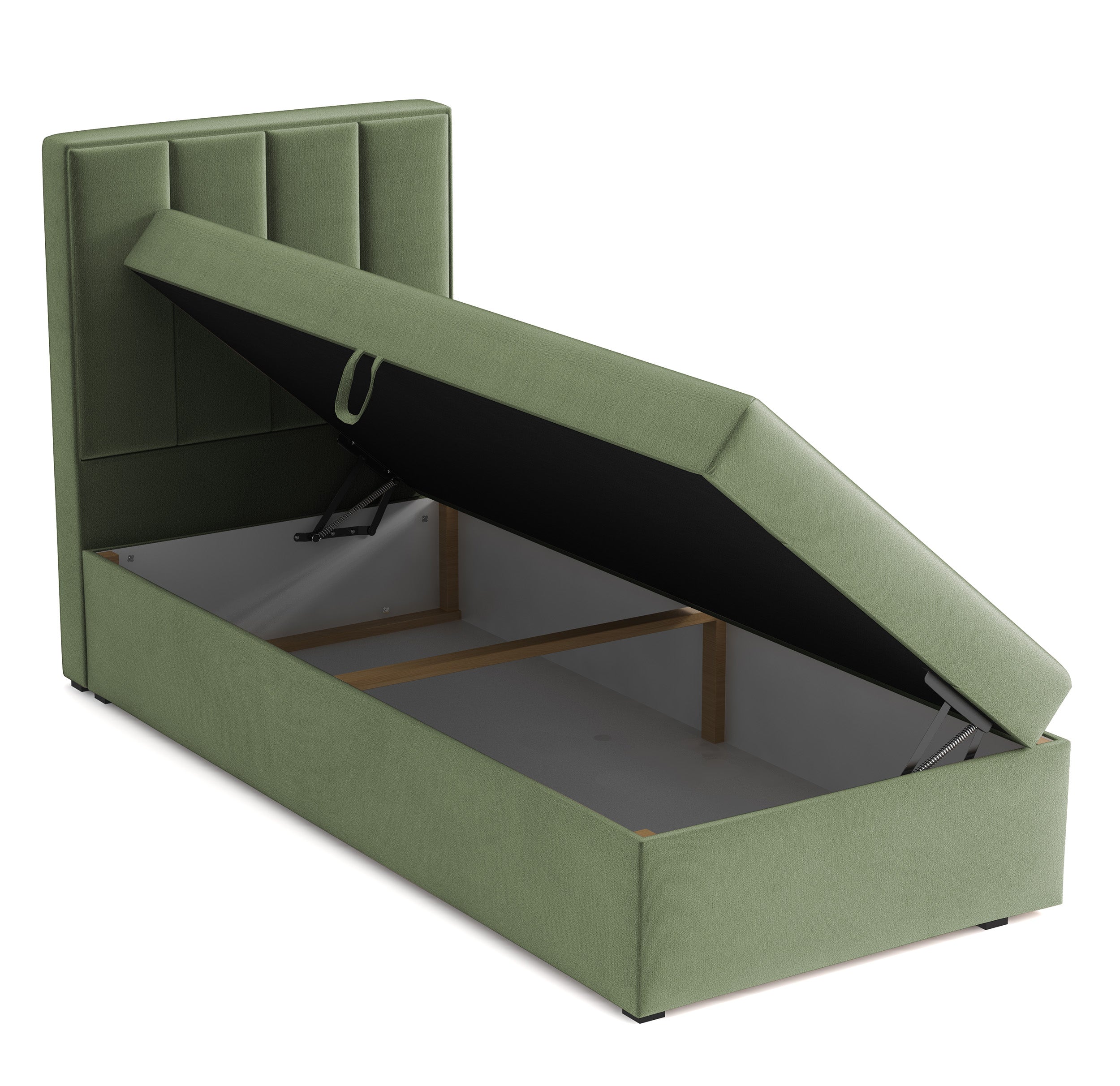Kontinentalbett 90x200 cm Rinus mit Stauraum, salbeigrüner Velours, wasserabweisend, rechtsseitig