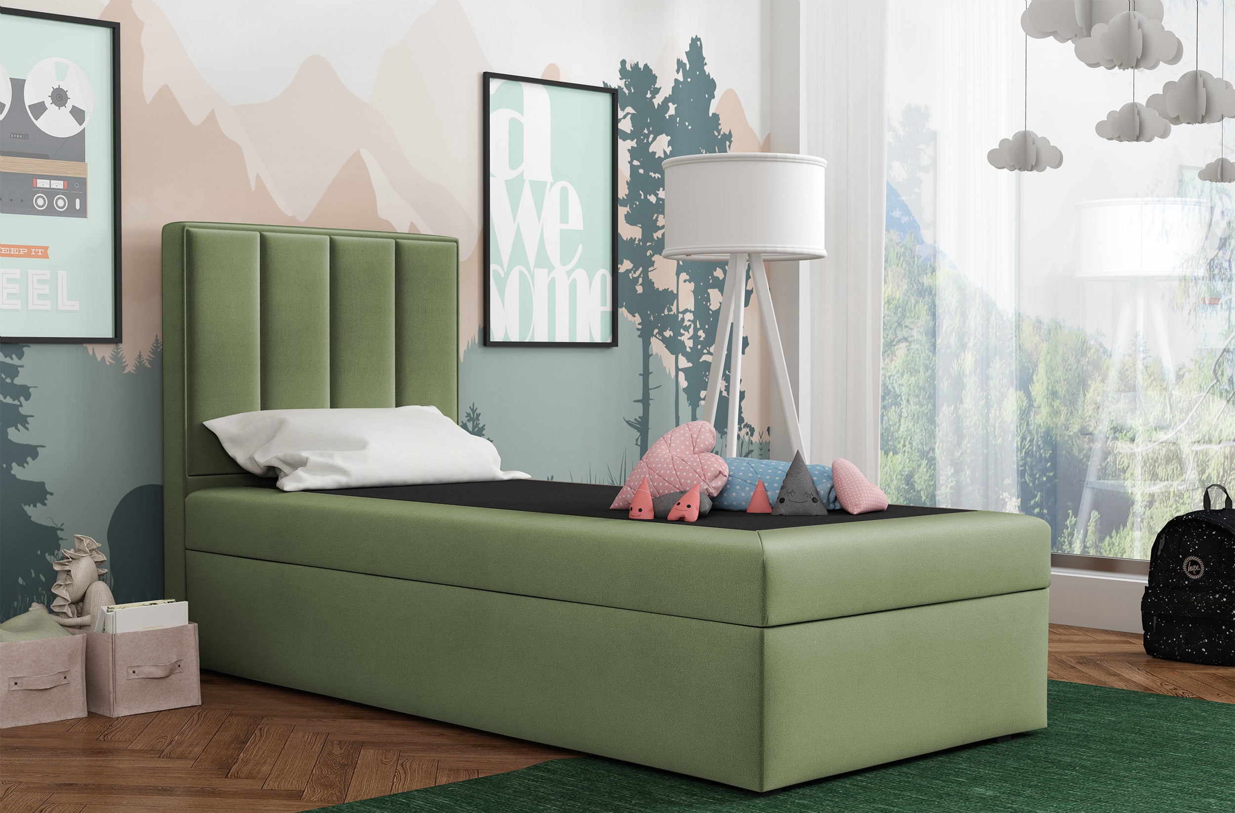 Kontinentalbett 90x200 cm Rinus mit Stauraum, salbeigrüner Velours, wasserabweisend, rechtsseitig