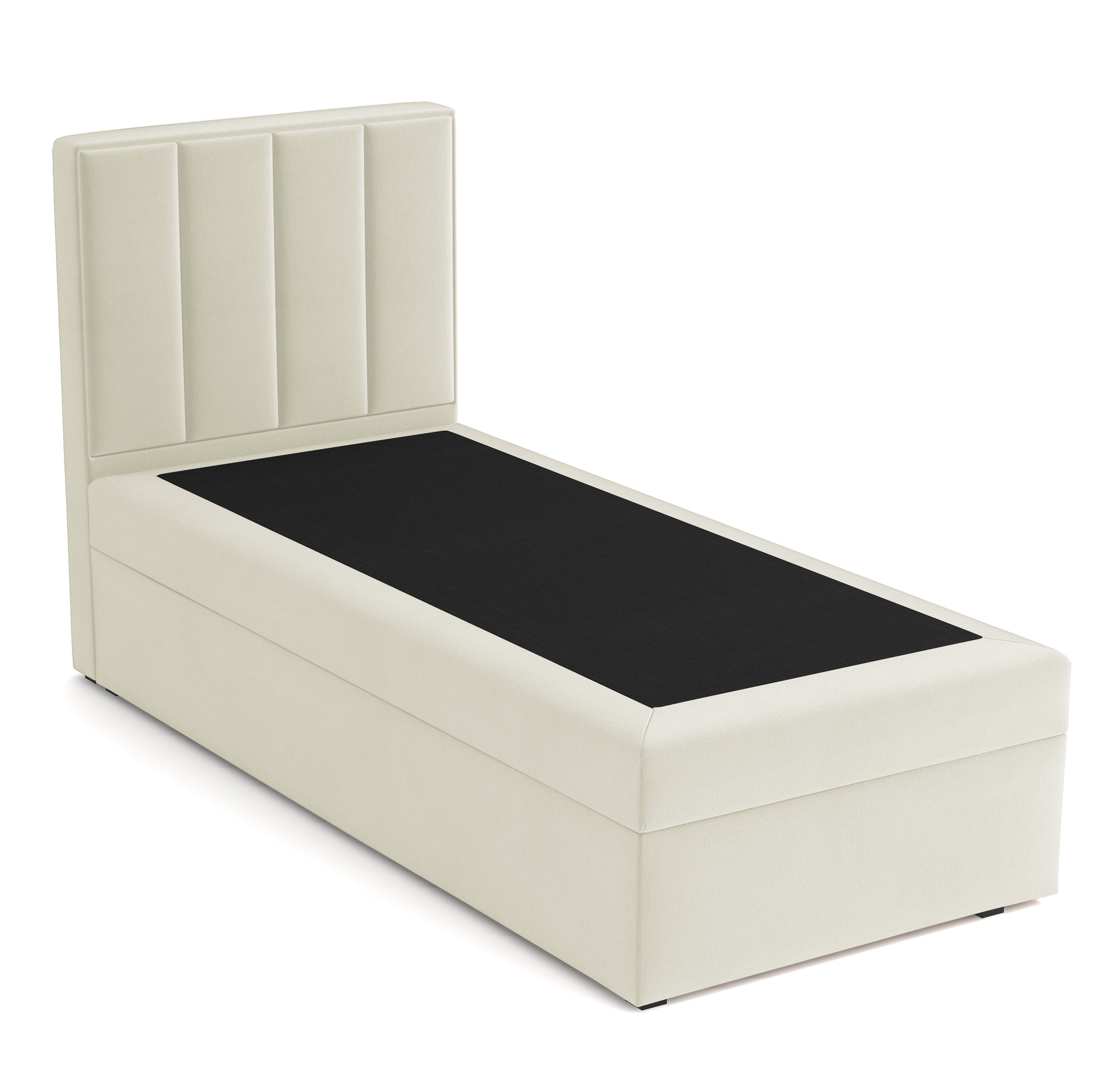 Kontinentales Bett 90x200 cm Rinus mit Stauraum, cremefarbener Velours, wasserabweisend, linksseitig