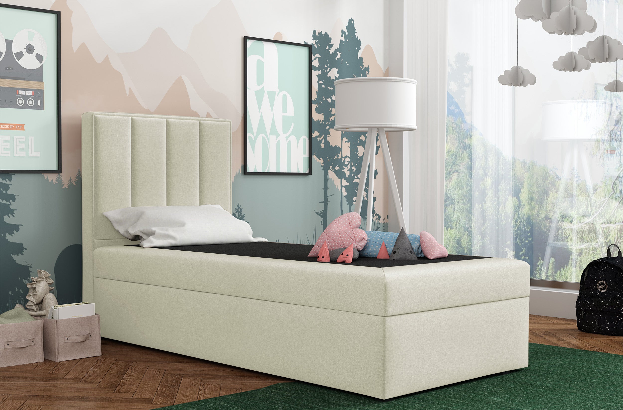Kontinentales Bett 90x200 cm Rinus mit Stauraum, cremefarbener Velours, wasserabweisend, linksseitig